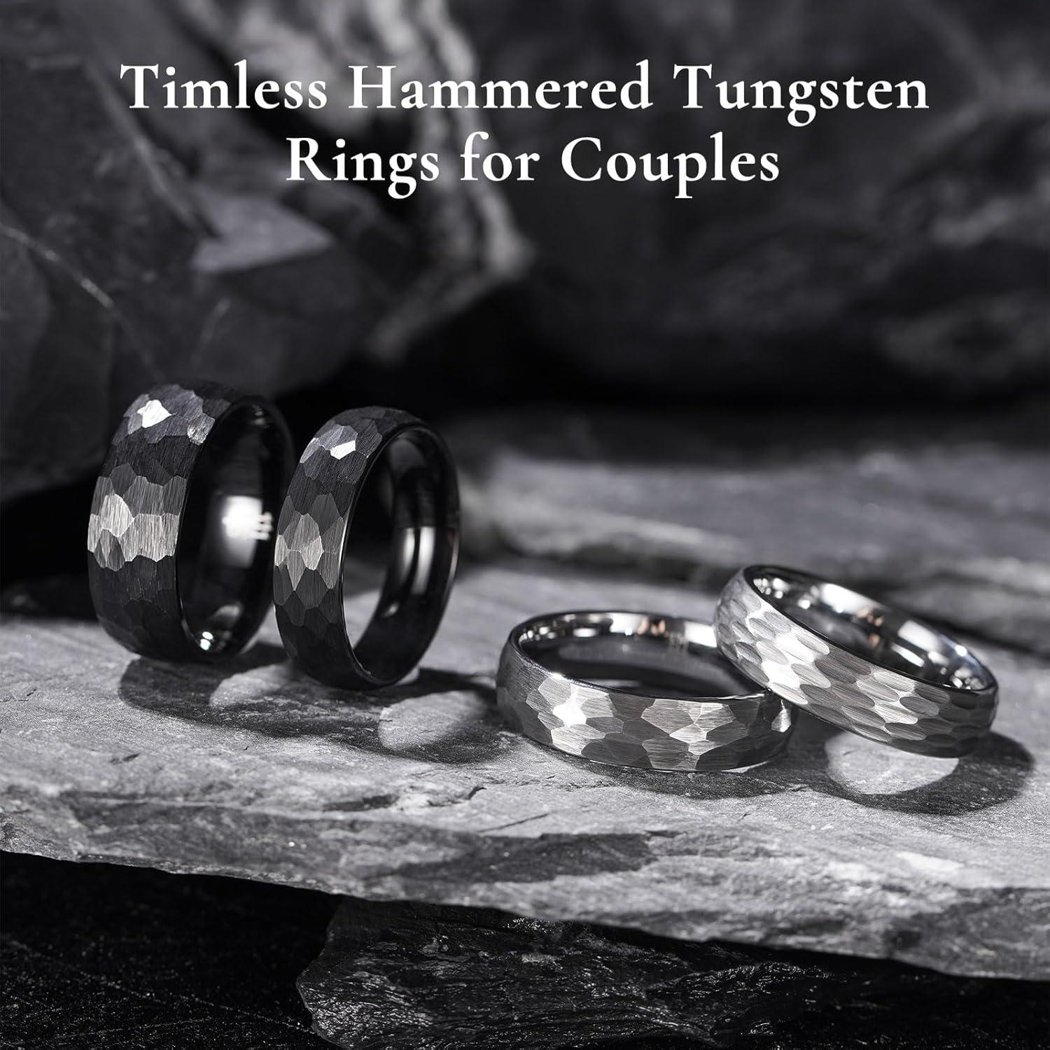 imageKing Will 6mm 8mm Mens Tungsten Carbide Wedding Ring Hammered Groove Wedding Band Mens Two Tone BlackSilverGoldBrown Engagement Ring for Men and Women Matte Brushed Finish Comfort Fit Size 6146mm black