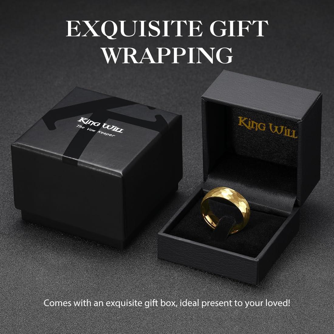 imageKing Will 6mm 8mm Mens Tungsten Carbide Wedding Ring Hammered Groove Wedding Band Mens Two Tone BlackSilverGoldBrown Engagement Ring for Men and Women Matte Brushed Finish Comfort Fit Size 614Gold 8mm