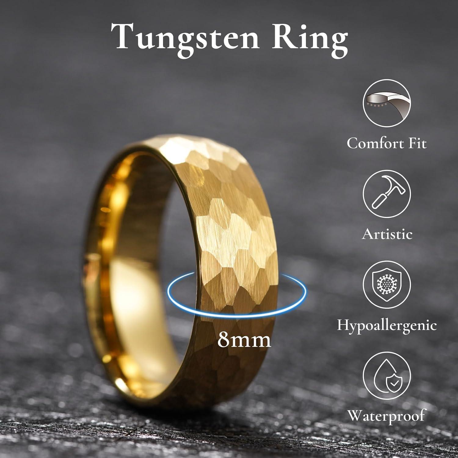 imageKing Will 6mm 8mm Mens Tungsten Carbide Wedding Ring Hammered Groove Wedding Band Mens Two Tone BlackSilverGoldBrown Engagement Ring for Men and Women Matte Brushed Finish Comfort Fit Size 614Gold 8mm