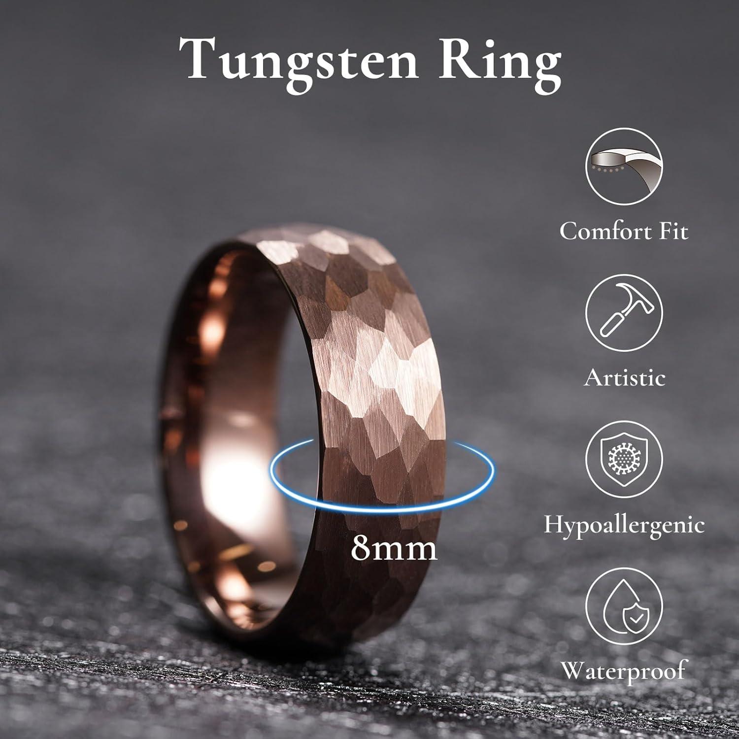imageKing Will 6mm 8mm Mens Tungsten Carbide Wedding Ring Hammered Groove Wedding Band Mens Two Tone BlackSilverGoldBrown Engagement Ring for Men and Women Matte Brushed Finish Comfort Fit Size 614Brown 8mm