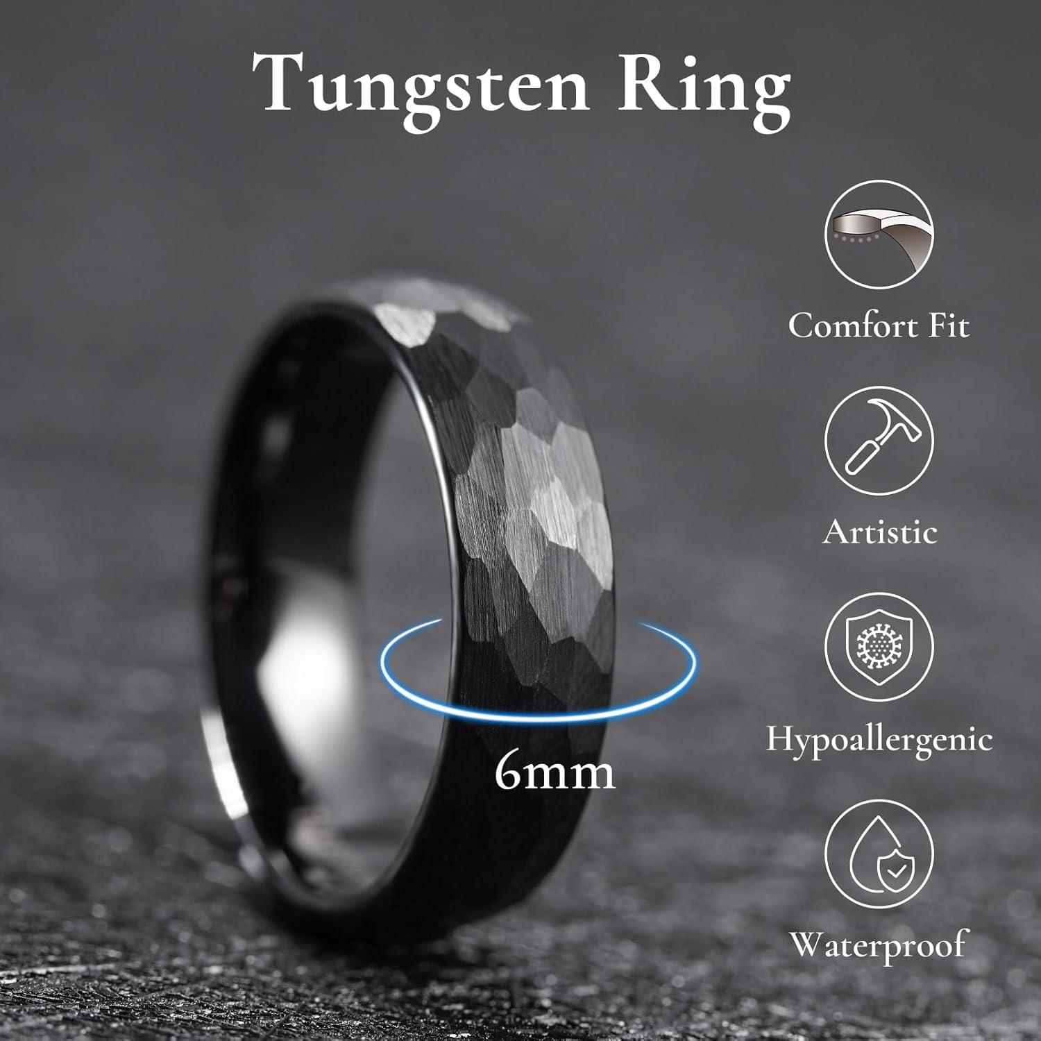 imageKing Will 6mm 8mm Mens Tungsten Carbide Wedding Ring Hammered Groove Wedding Band Mens Two Tone BlackSilverGoldBrown Engagement Ring for Men and Women Matte Brushed Finish Comfort Fit Size 6146mm black
