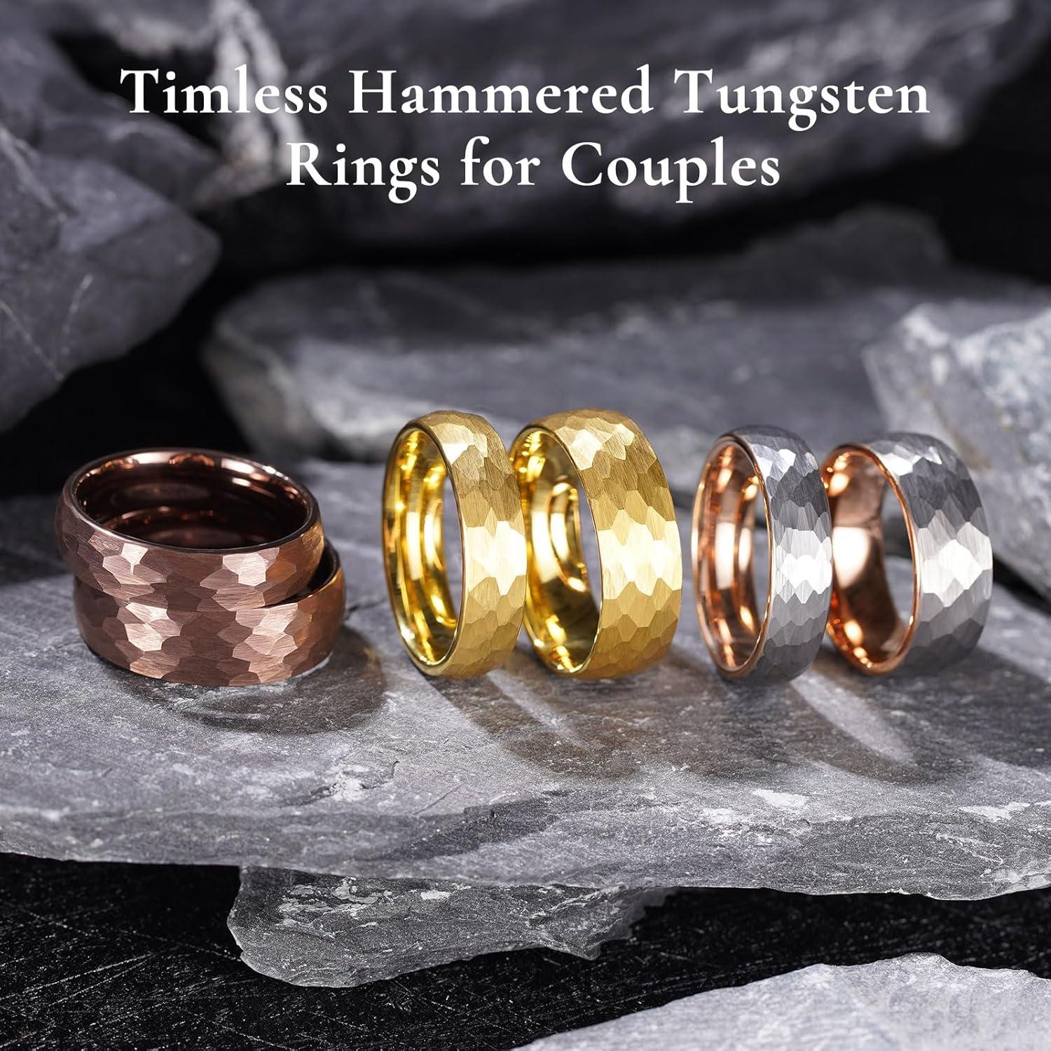 imageKing Will 6mm 8mm Mens Tungsten Carbide Wedding Ring Hammered Groove Wedding Band Mens Two Tone BlackSilverGoldBrown Engagement Ring for Men and Women Matte Brushed Finish Comfort Fit Size 614Brown 8mm