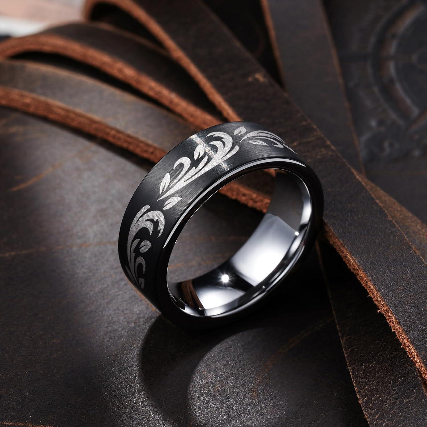 imageKing Will 6mm 8mm Tungsten Wedding Rings for Men BlackSilverGunmetal Plated Pipe Cut Brushed Mens Wedding Band Gifts for Him Size 714 Comfort FitBLeaf Pattern