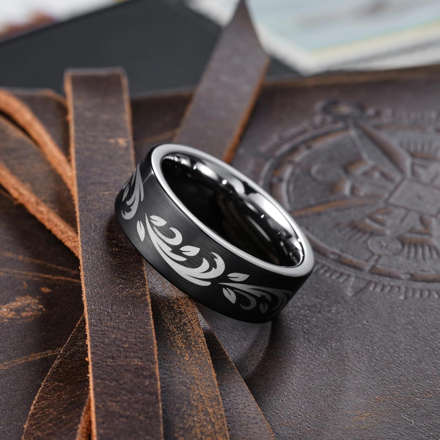 imageKing Will 6mm 8mm Tungsten Wedding Rings for Men BlackSilverGunmetal Plated Pipe Cut Brushed Mens Wedding Band Gifts for Him Size 714 Comfort FitBLeaf Pattern