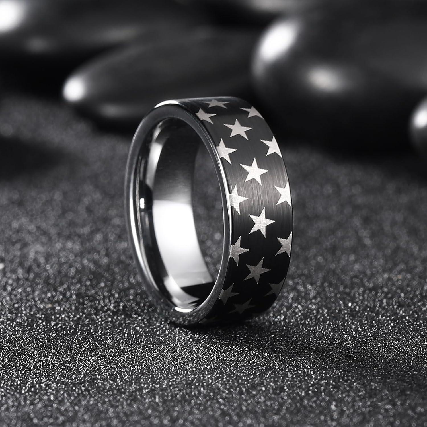 imageKing Will 6mm 8mm Tungsten Wedding Rings for Men BlackSilverGunmetal Plated Pipe Cut Brushed Mens Wedding Band Gifts for Him Size 714 Comfort FitBlack Star