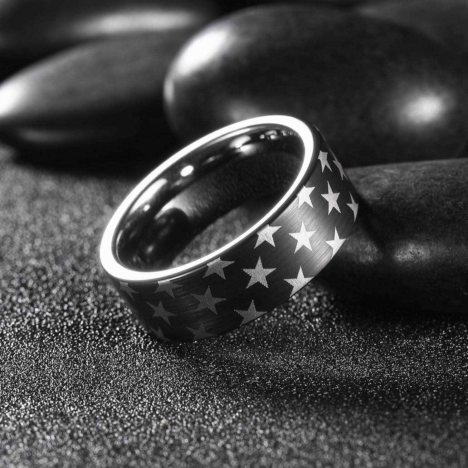 imageKing Will 6mm 8mm Tungsten Wedding Rings for Men BlackSilverGunmetal Plated Pipe Cut Brushed Mens Wedding Band Gifts for Him Size 714 Comfort FitBlack Star