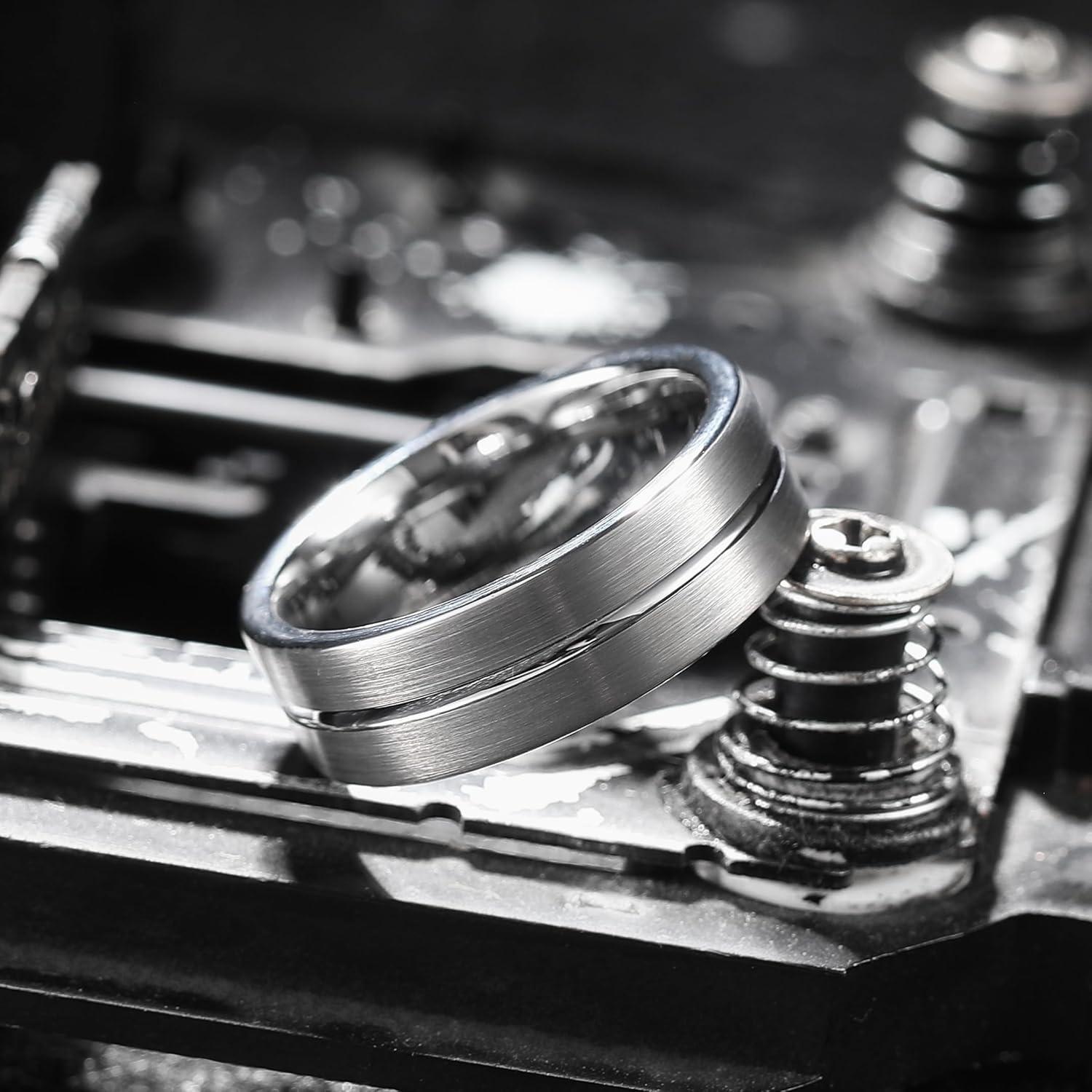 imageKing Will 6mm 8mm Tungsten Wedding Rings for Men BlackSilverGunmetal Plated Pipe Cut Brushed Mens Wedding Band Gifts for Him Size 714 Comfort FitCSilver Groove