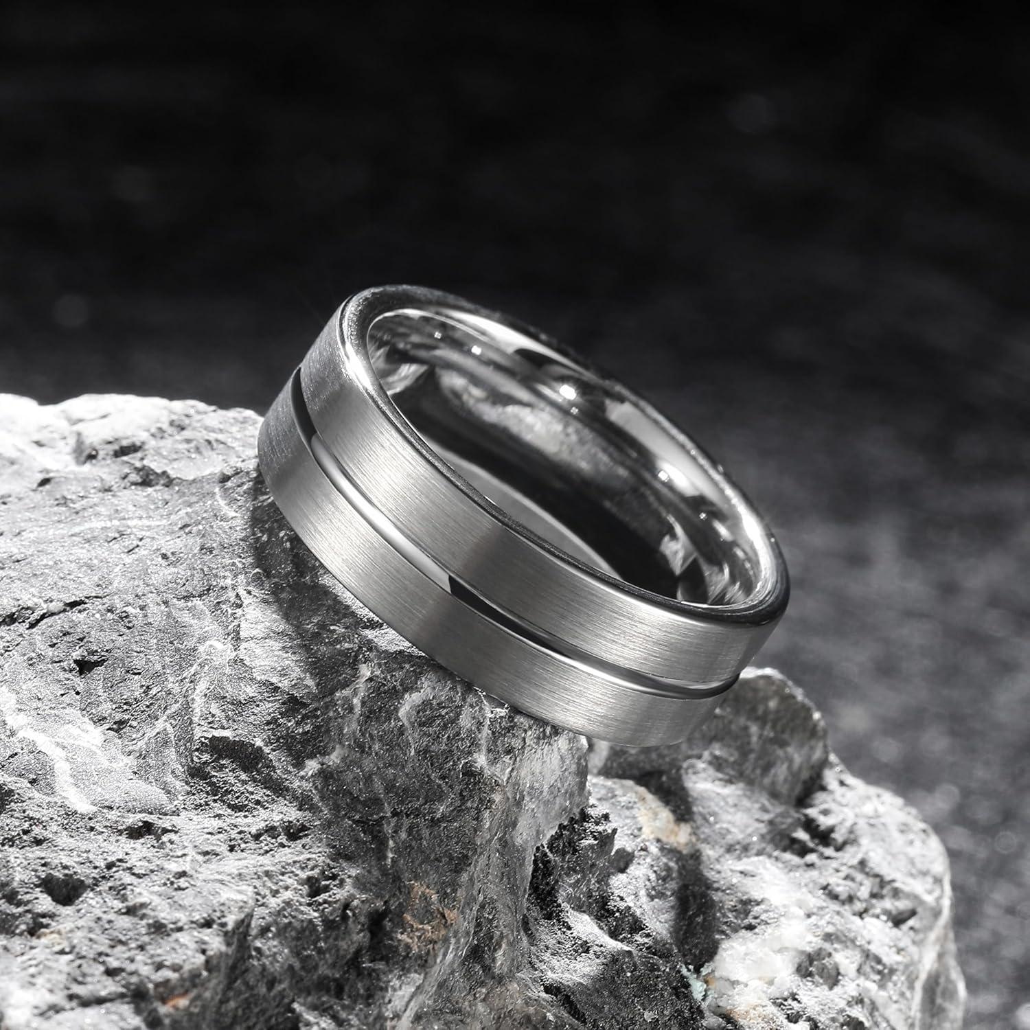 imageKing Will 6mm 8mm Tungsten Wedding Rings for Men BlackSilverGunmetal Plated Pipe Cut Brushed Mens Wedding Band Gifts for Him Size 714 Comfort FitCSilver Groove