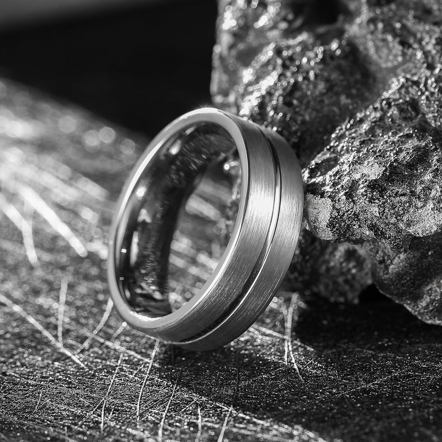 imageKing Will 6mm 8mm Tungsten Wedding Rings for Men BlackSilverGunmetal Plated Pipe Cut Brushed Mens Wedding Band Gifts for Him Size 714 Comfort FitCSilver Groove