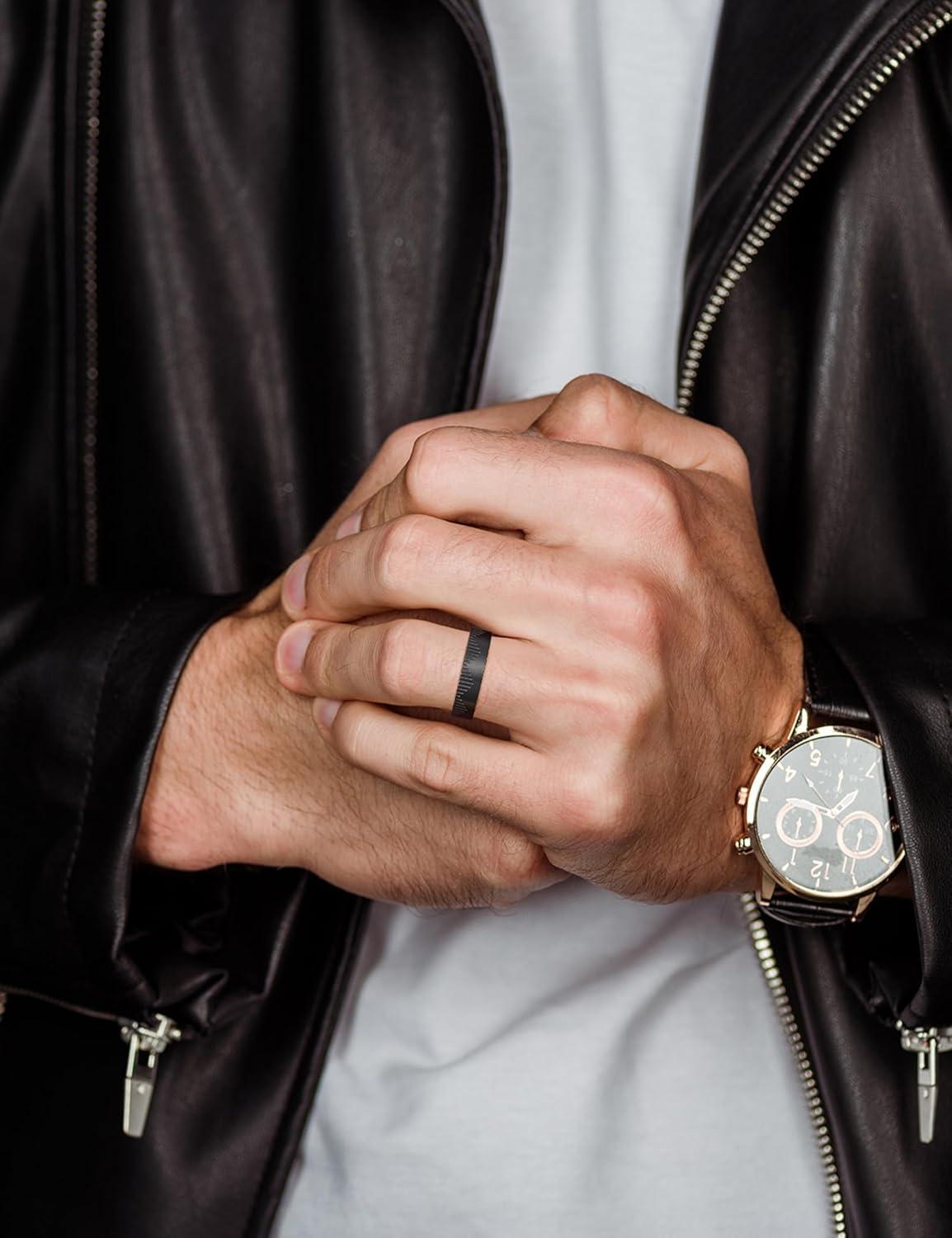 imageKing Will 6mm Stainless Steel Mountain Rings Mens Wedding Rings Mountain Wave Laser Flat Cut Ring for Men Women Comfort Fit DurableBlack