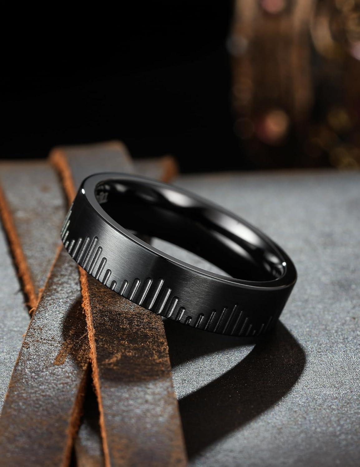 imageKing Will 6mm Stainless Steel Mountain Rings Mens Wedding Rings Mountain Wave Laser Flat Cut Ring for Men Women Comfort Fit DurableBlack