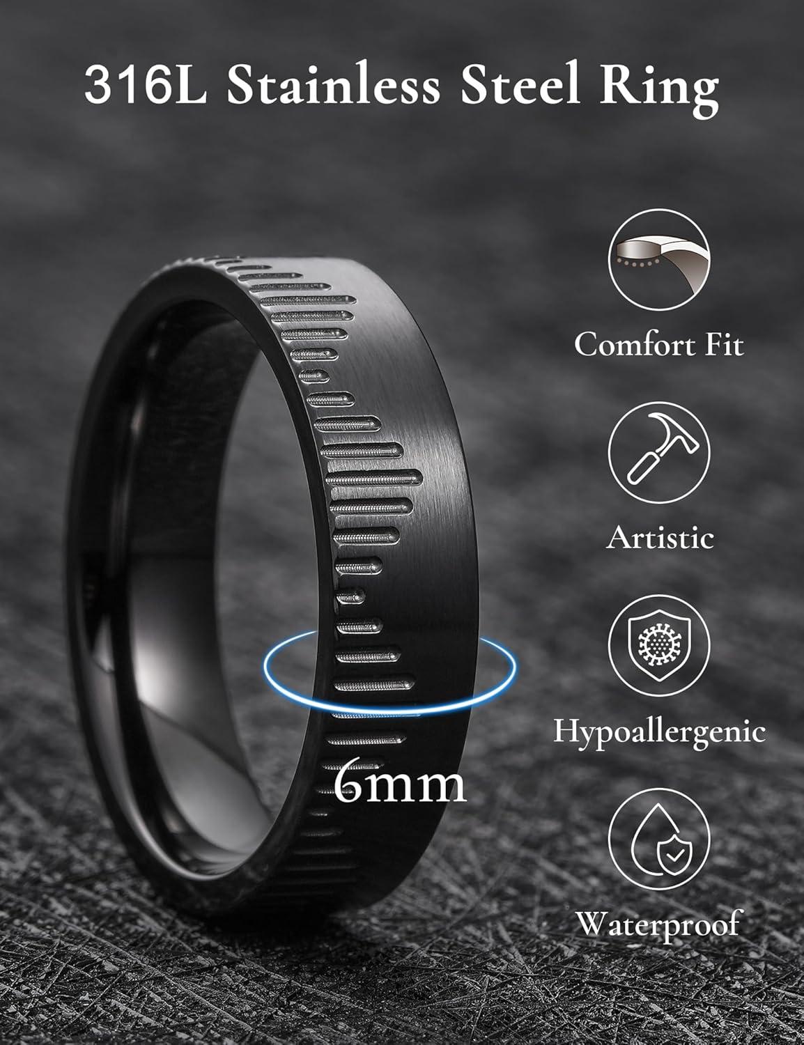 imageKing Will 6mm Stainless Steel Mountain Rings Mens Wedding Rings Mountain Wave Laser Flat Cut Ring for Men Women Comfort Fit DurableBlack