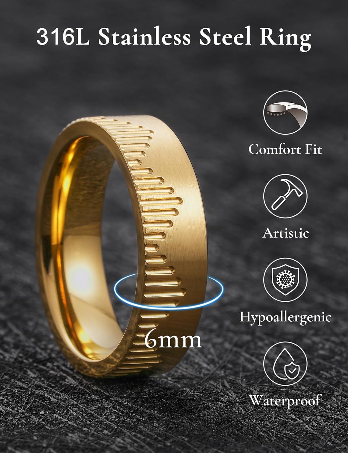 imageKing Will 6mm Stainless Steel Mountain Rings Mens Wedding Rings Mountain Wave Laser Flat Cut Ring for Men Women Comfort Fit DurableGold