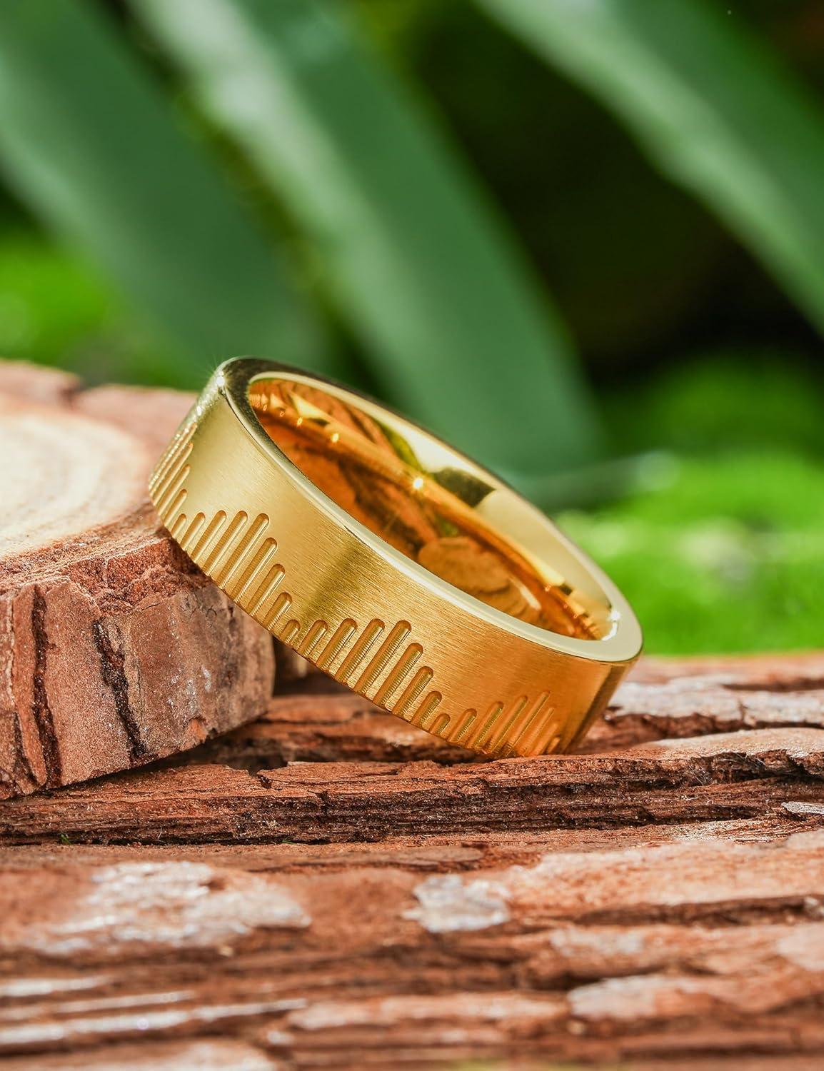 imageKing Will 6mm Stainless Steel Mountain Rings Mens Wedding Rings Mountain Wave Laser Flat Cut Ring for Men Women Comfort Fit DurableGold