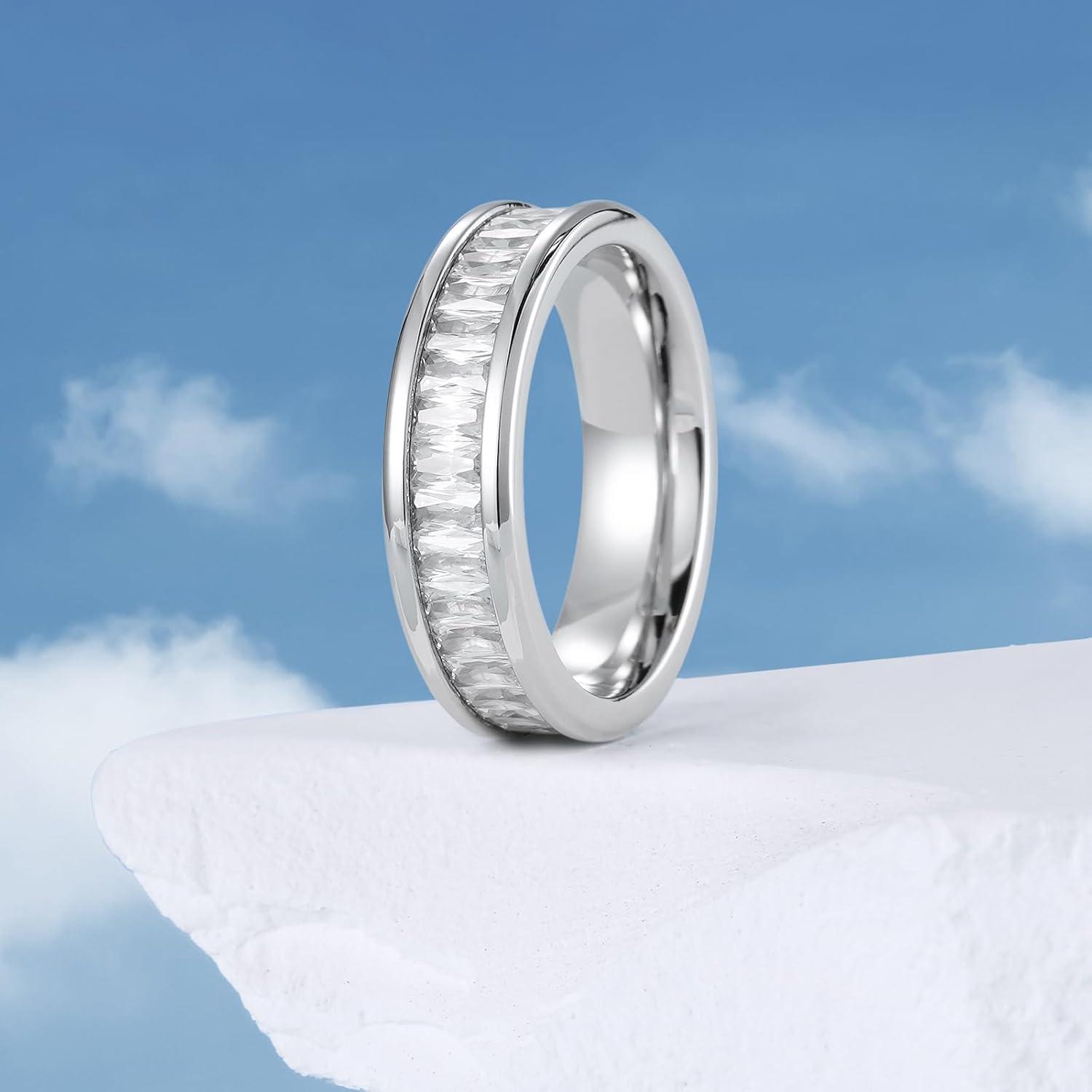 imageKing Will 6mm Women Eternity Rings Colorful CZ Stackable Bands Polished Stainless Steel Anniversary Band Pipe Cut Engagement Ring Durable Comfort Fit Size 610White