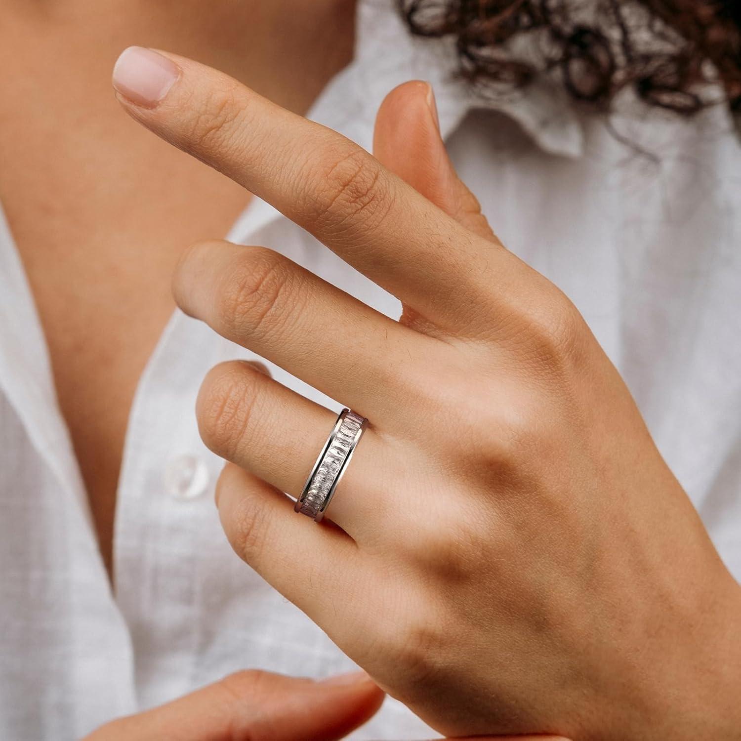 imageKing Will 6mm Women Eternity Rings Colorful CZ Stackable Bands Polished Stainless Steel Anniversary Band Pipe Cut Engagement Ring Durable Comfort Fit Size 610White