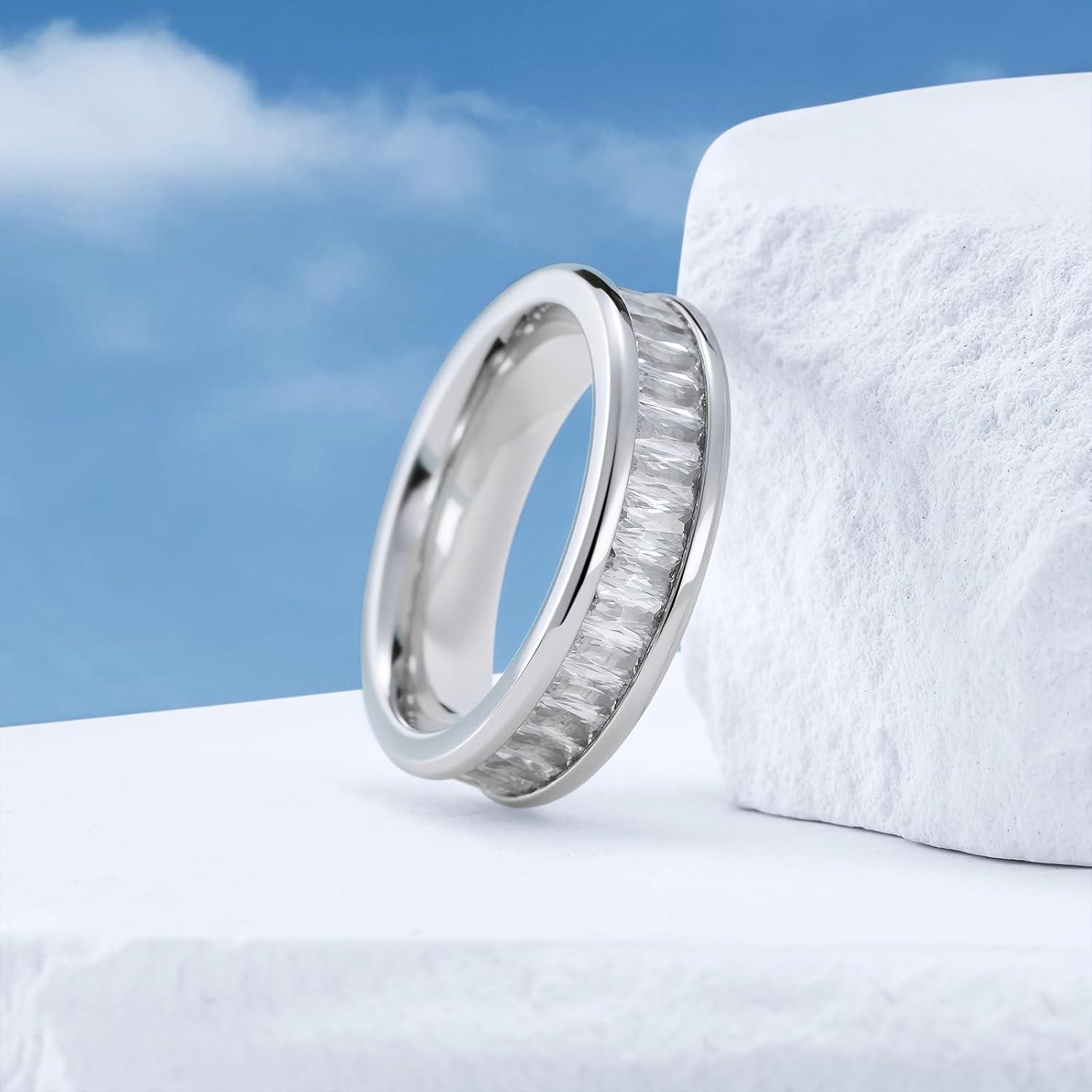 imageKing Will 6mm Women Eternity Rings Colorful CZ Stackable Bands Polished Stainless Steel Anniversary Band Pipe Cut Engagement Ring Durable Comfort Fit Size 610White