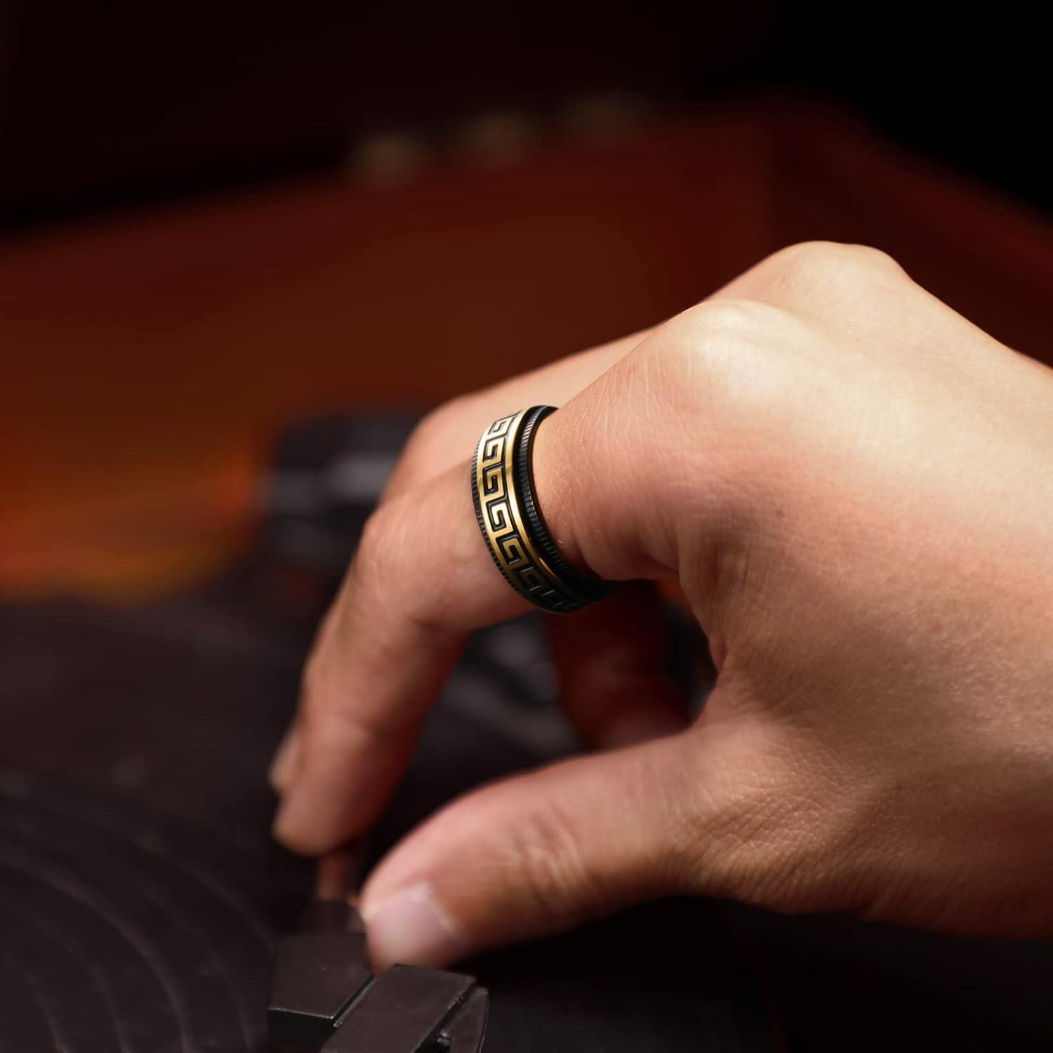imageKing Will 8mm Black Spinner Stainless Steel Ring Fidget Anxiety Ring for Men with Greek KeyViking PatternRoman NumeralsHammered DesignBlack Gold