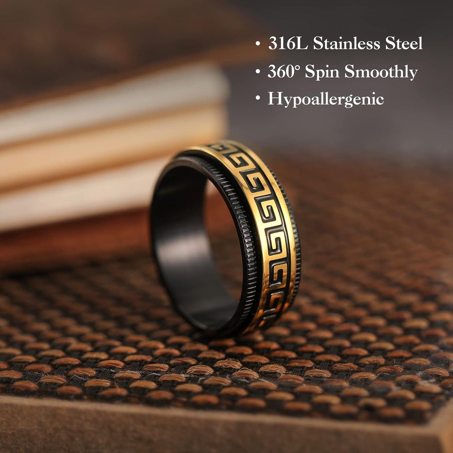 imageKing Will 8mm Black Spinner Stainless Steel Ring Fidget Anxiety Ring for Men with Greek KeyViking PatternRoman NumeralsHammered DesignBlack Gold