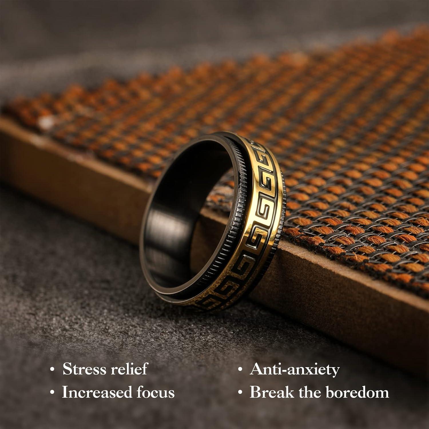 imageKing Will 8mm Black Spinner Stainless Steel Ring Fidget Anxiety Ring for Men with Greek KeyViking PatternRoman NumeralsHammered DesignBlack Gold