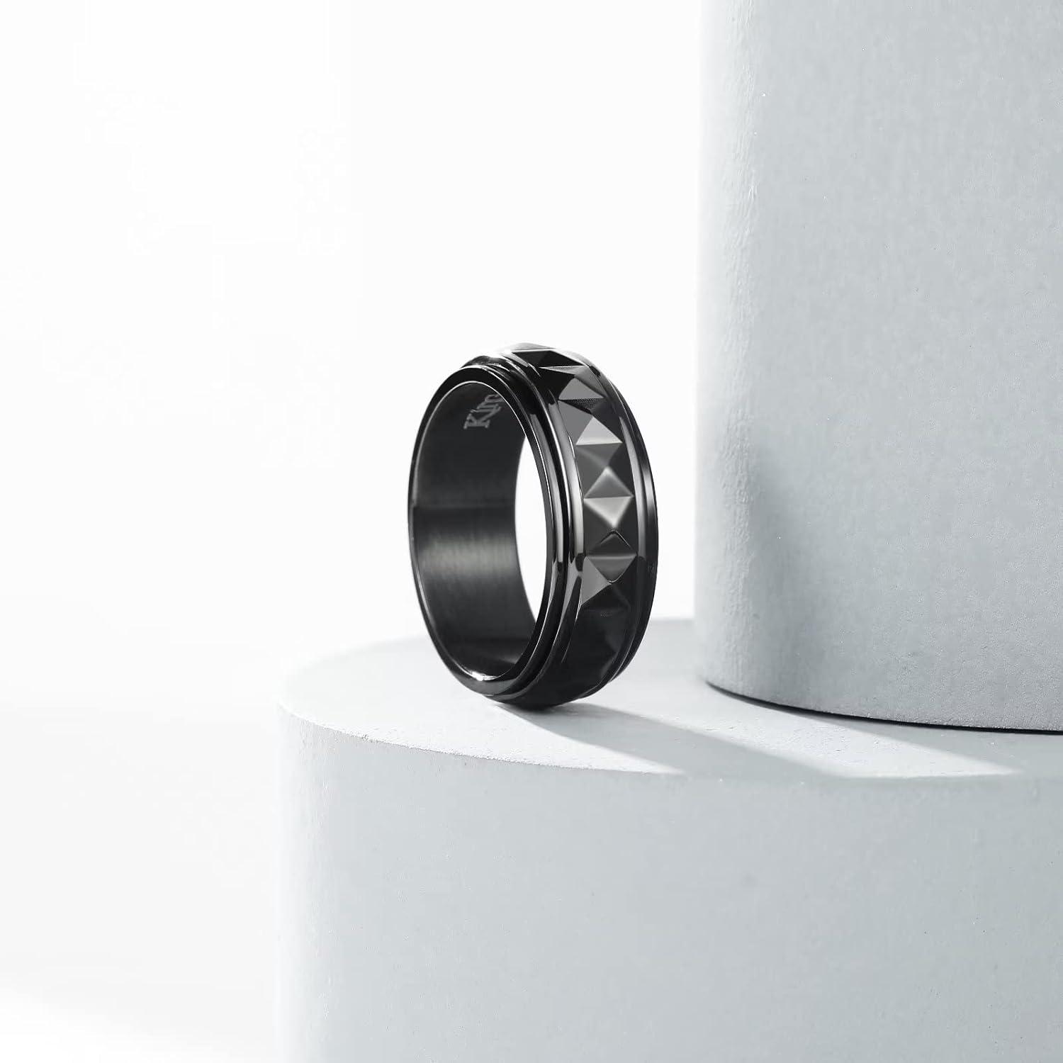 imageKing Will 8mm Black Spinner Stainless Steel Ring Fidget Anxiety Ring for Men with Greek KeyViking PatternRoman NumeralsHammered DesignBlack MultiFaceted
