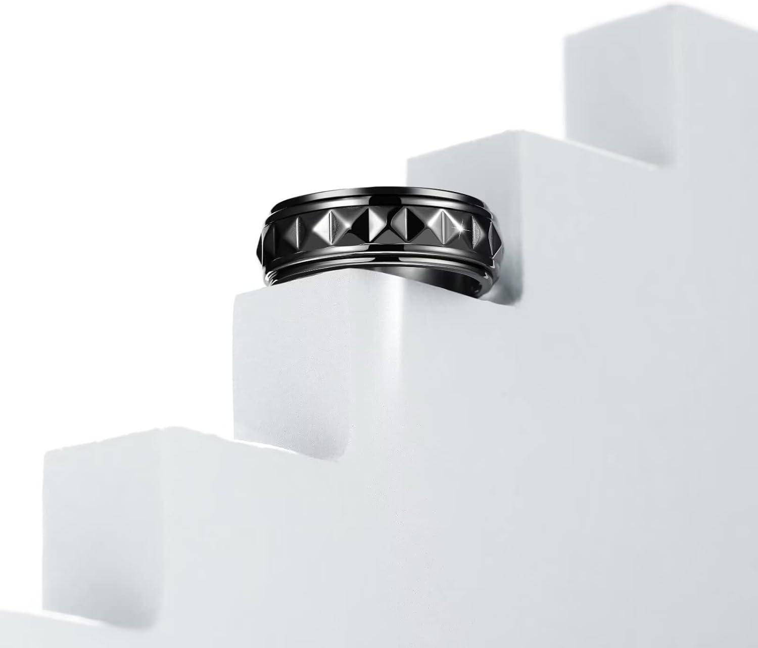 imageKing Will 8mm Black Spinner Stainless Steel Ring Fidget Anxiety Ring for Men with Greek KeyViking PatternRoman NumeralsHammered DesignBlack MultiFaceted