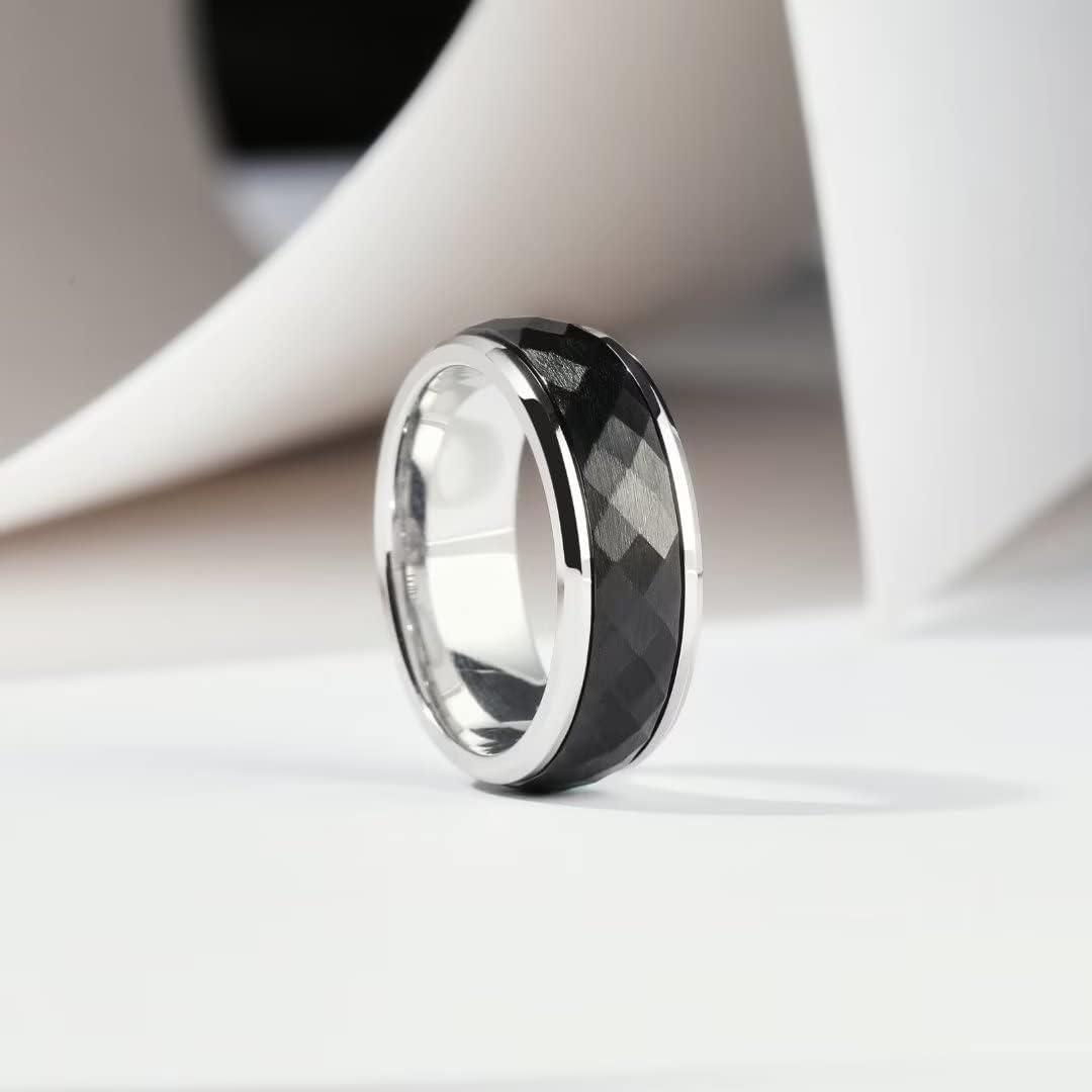 imageKing Will 8mm Black Spinner Stainless Steel Ring Fidget Anxiety Ring for Men with Greek KeyViking PatternRoman NumeralsHammered DesignBlack hammered