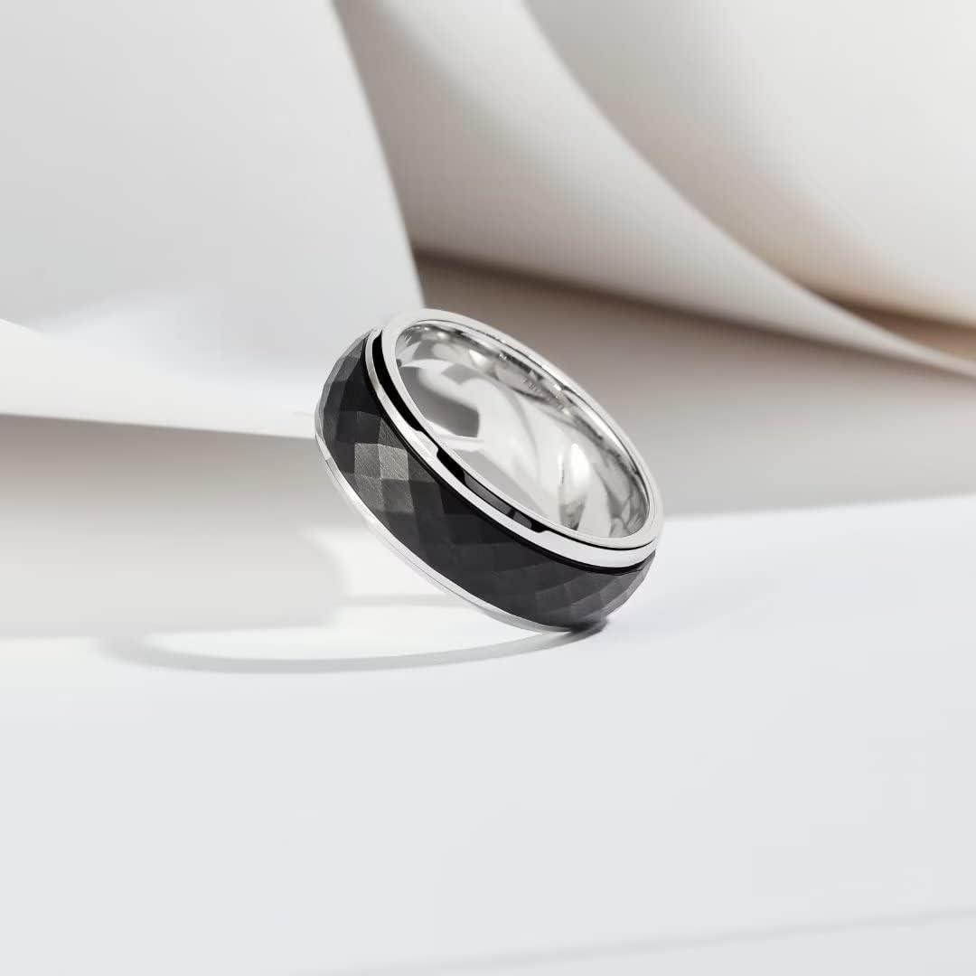 imageKing Will 8mm Black Spinner Stainless Steel Ring Fidget Anxiety Ring for Men with Greek KeyViking PatternRoman NumeralsHammered DesignBlack hammered