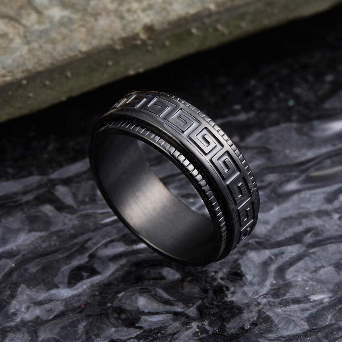 imageKing Will 8mm Black Spinner Stainless Steel Ring Fidget Anxiety Ring for Men with Greek KeyViking PatternRoman NumeralsHammered DesignBlack key