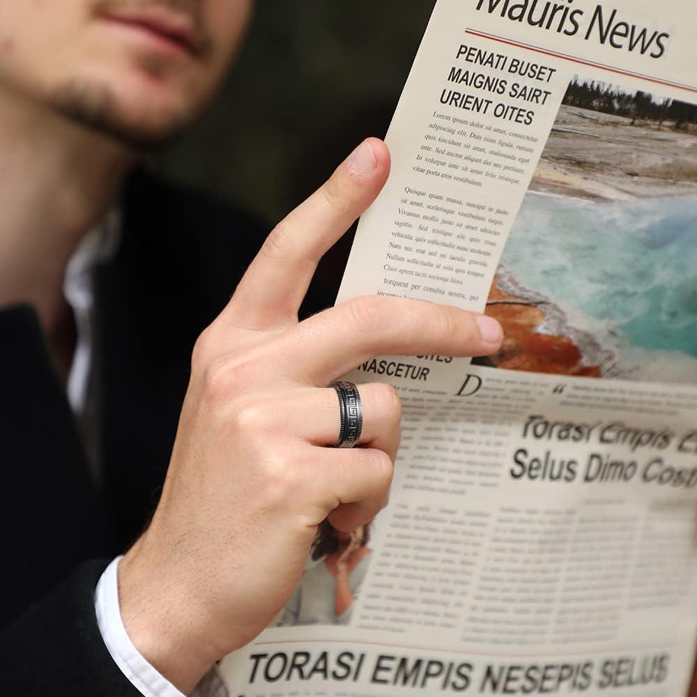 imageKing Will 8mm Black Spinner Stainless Steel Ring Fidget Anxiety Ring for Men with Greek KeyViking PatternRoman NumeralsHammered DesignBlack key