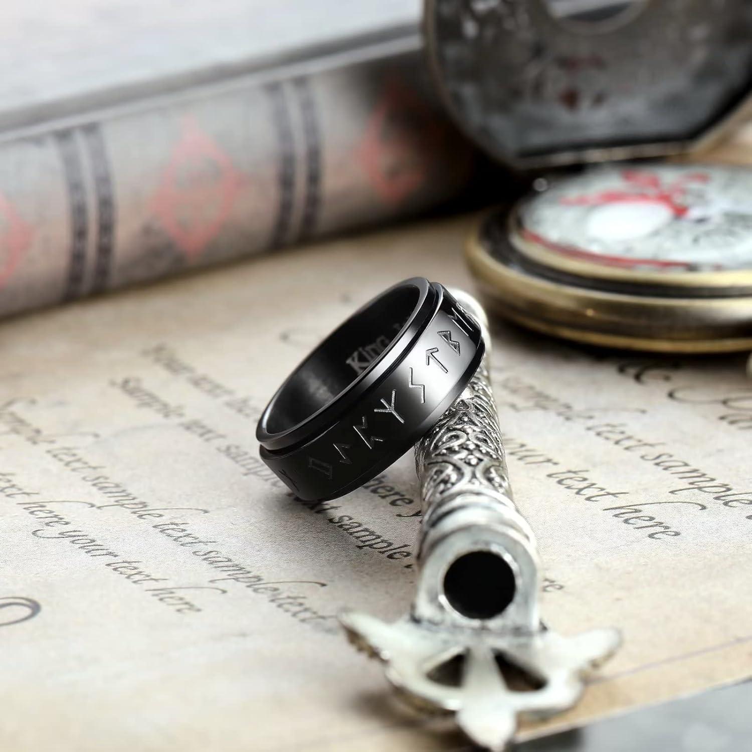 imageKing Will 8mm Black Spinner Stainless Steel Ring Fidget Anxiety Ring for Men with Greek KeyViking PatternRoman NumeralsHammered DesignBlack viking