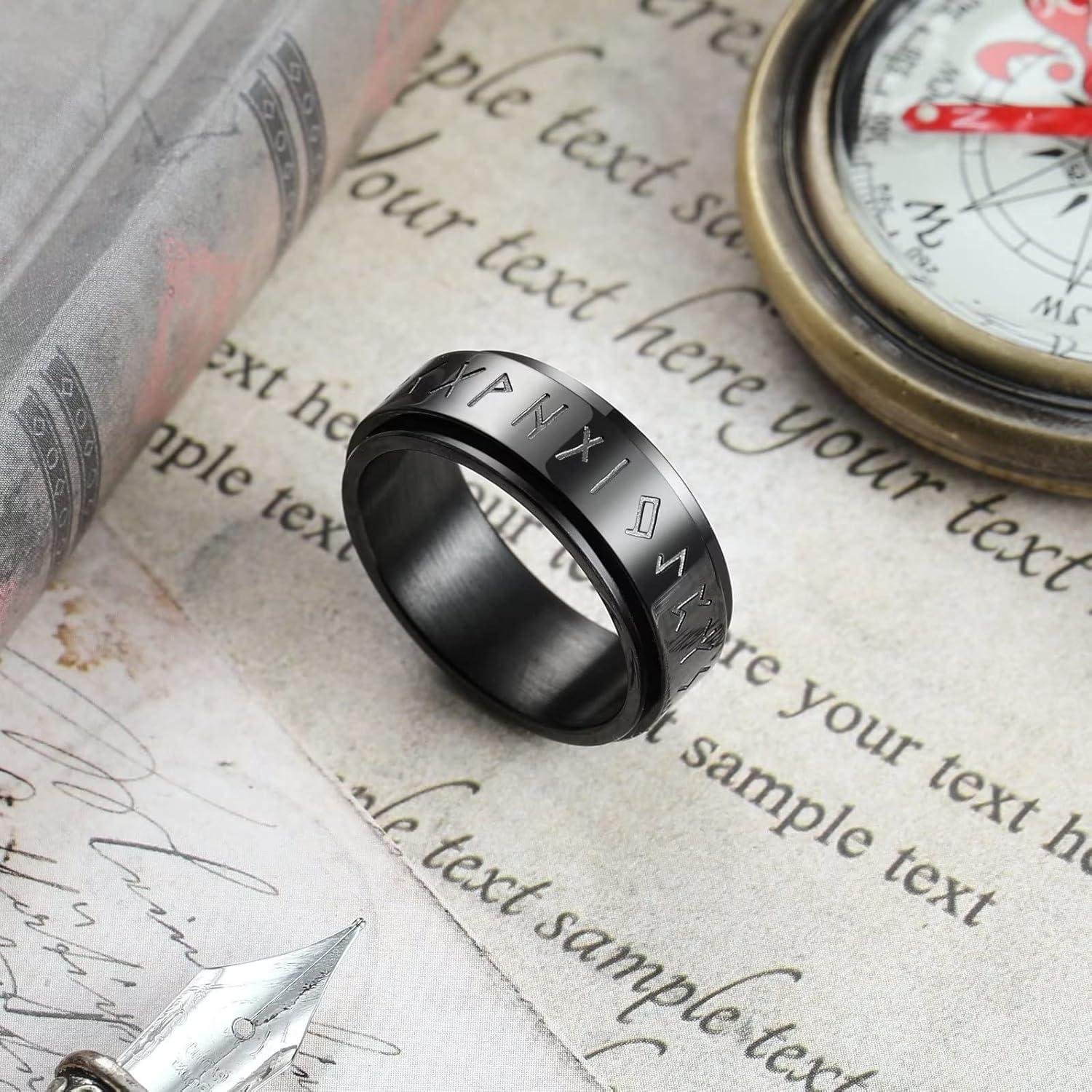 imageKing Will 8mm Black Spinner Stainless Steel Ring Fidget Anxiety Ring for Men with Greek KeyViking PatternRoman NumeralsHammered DesignBlack viking