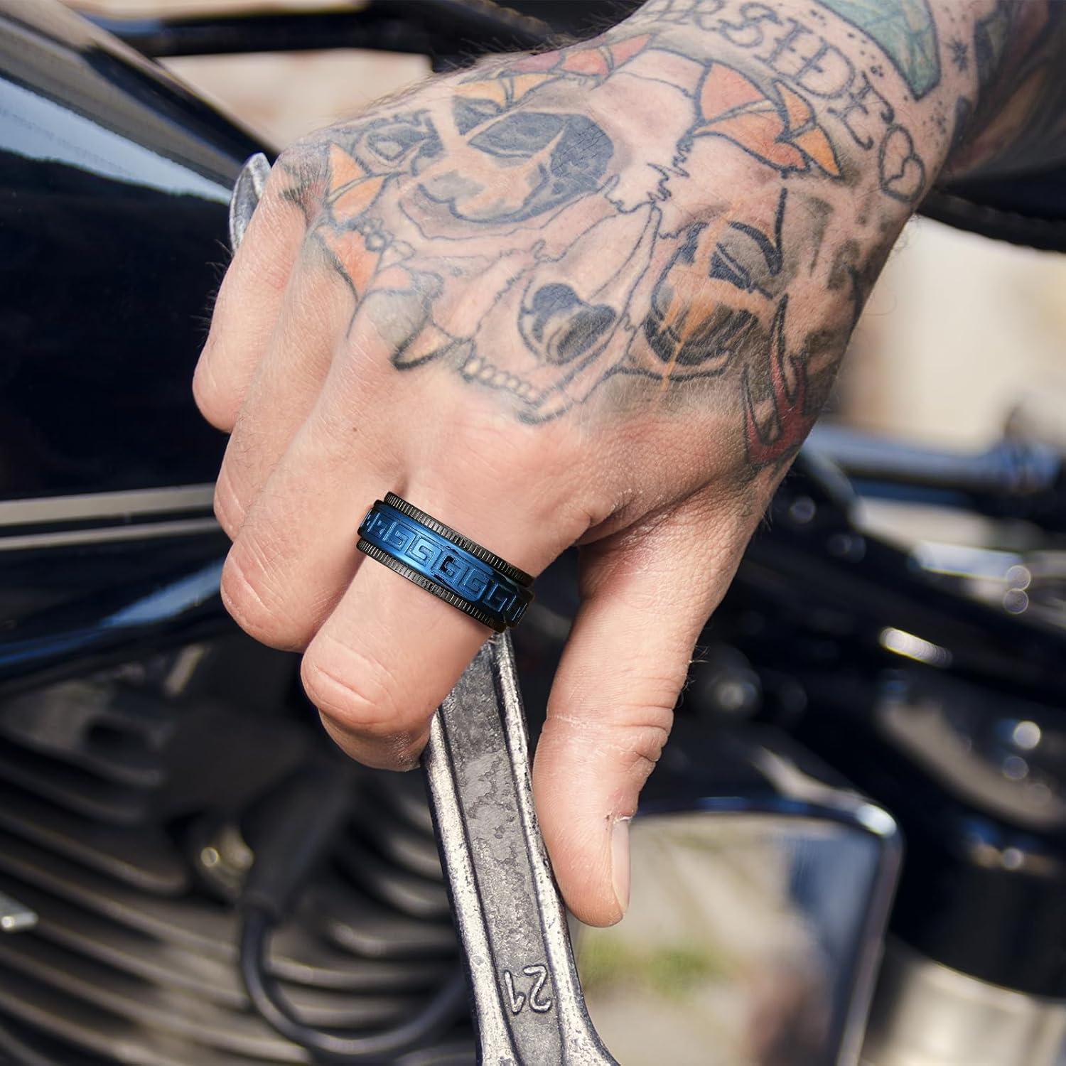 imageKing Will 8mm Black Spinner Stainless Steel Ring Fidget Anxiety Ring for Men with Greek KeyViking PatternRoman NumeralsHammered DesignBlackBlue
