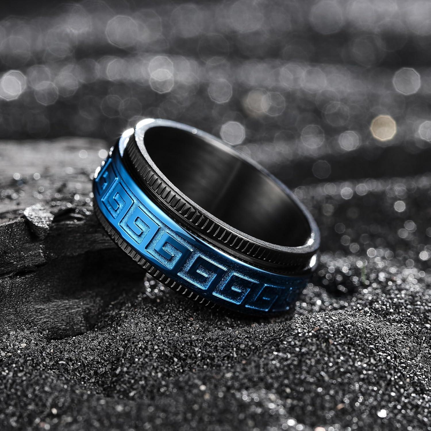 imageKing Will 8mm Black Spinner Stainless Steel Ring Fidget Anxiety Ring for Men with Greek KeyViking PatternRoman NumeralsHammered DesignBlackBlue