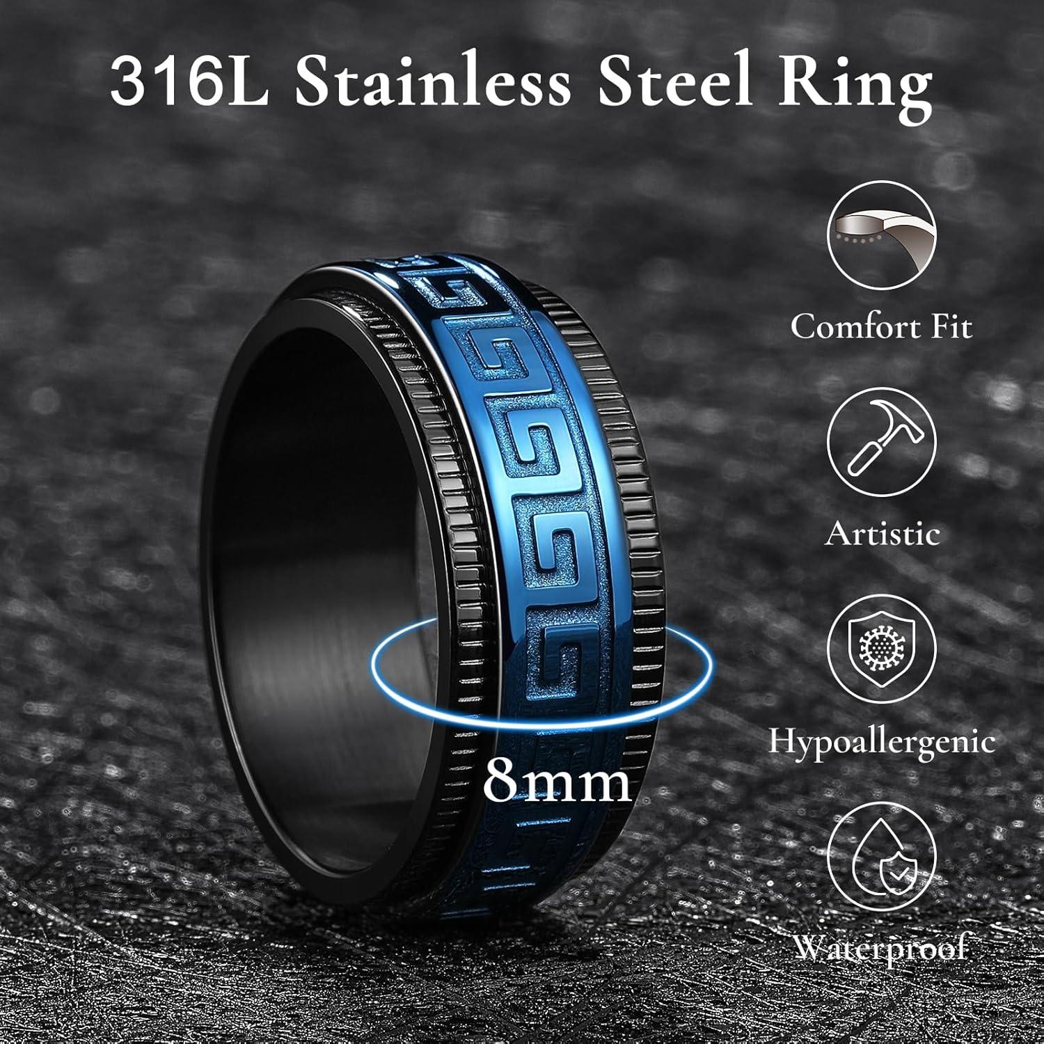 imageKing Will 8mm Black Spinner Stainless Steel Ring Fidget Anxiety Ring for Men with Greek KeyViking PatternRoman NumeralsHammered DesignBlackBlue