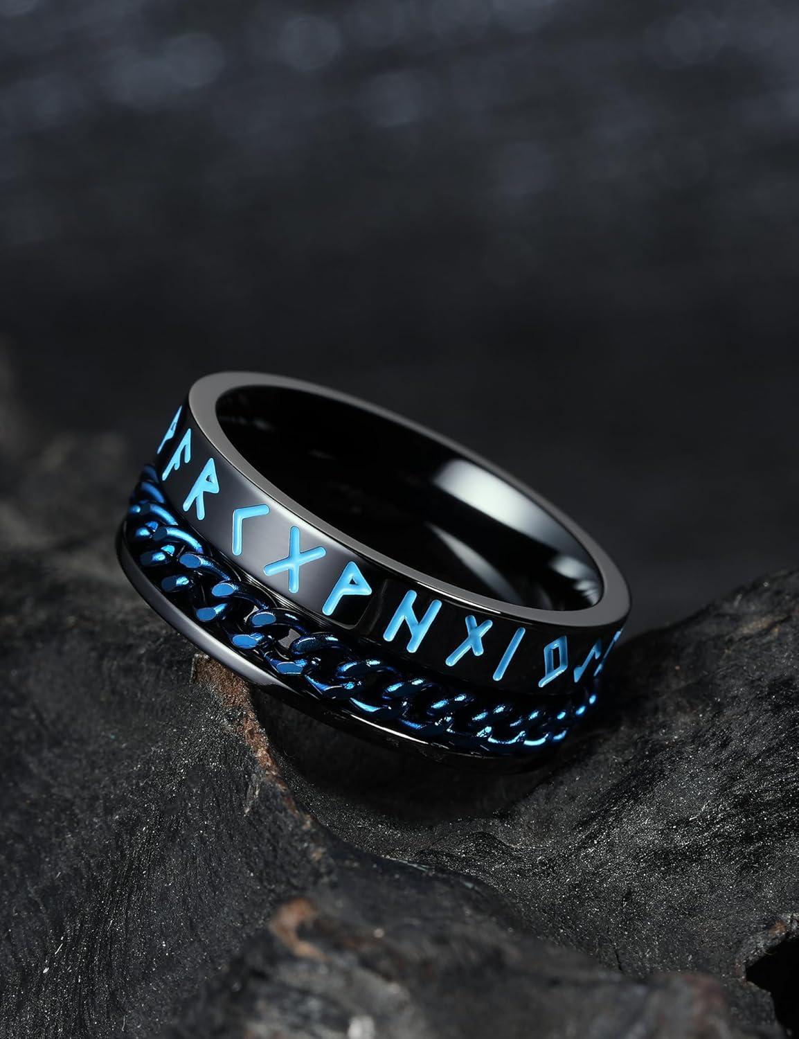 imageKing Will 8mm Black Spinner Stainless Steel Ring Fidget Anxiety Ring for Men with Greek KeyViking PatternRoman NumeralsHammered DesignChainBlackBlue