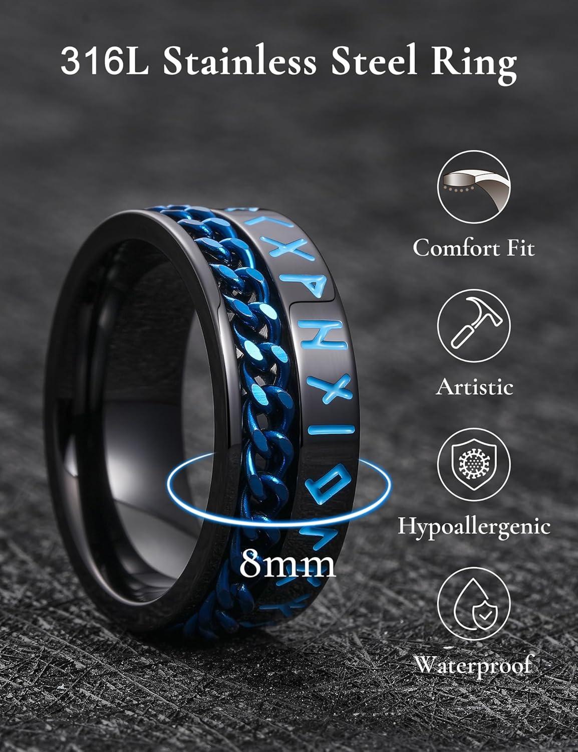 imageKing Will 8mm Black Spinner Stainless Steel Ring Fidget Anxiety Ring for Men with Greek KeyViking PatternRoman NumeralsHammered DesignChainBlackBlue