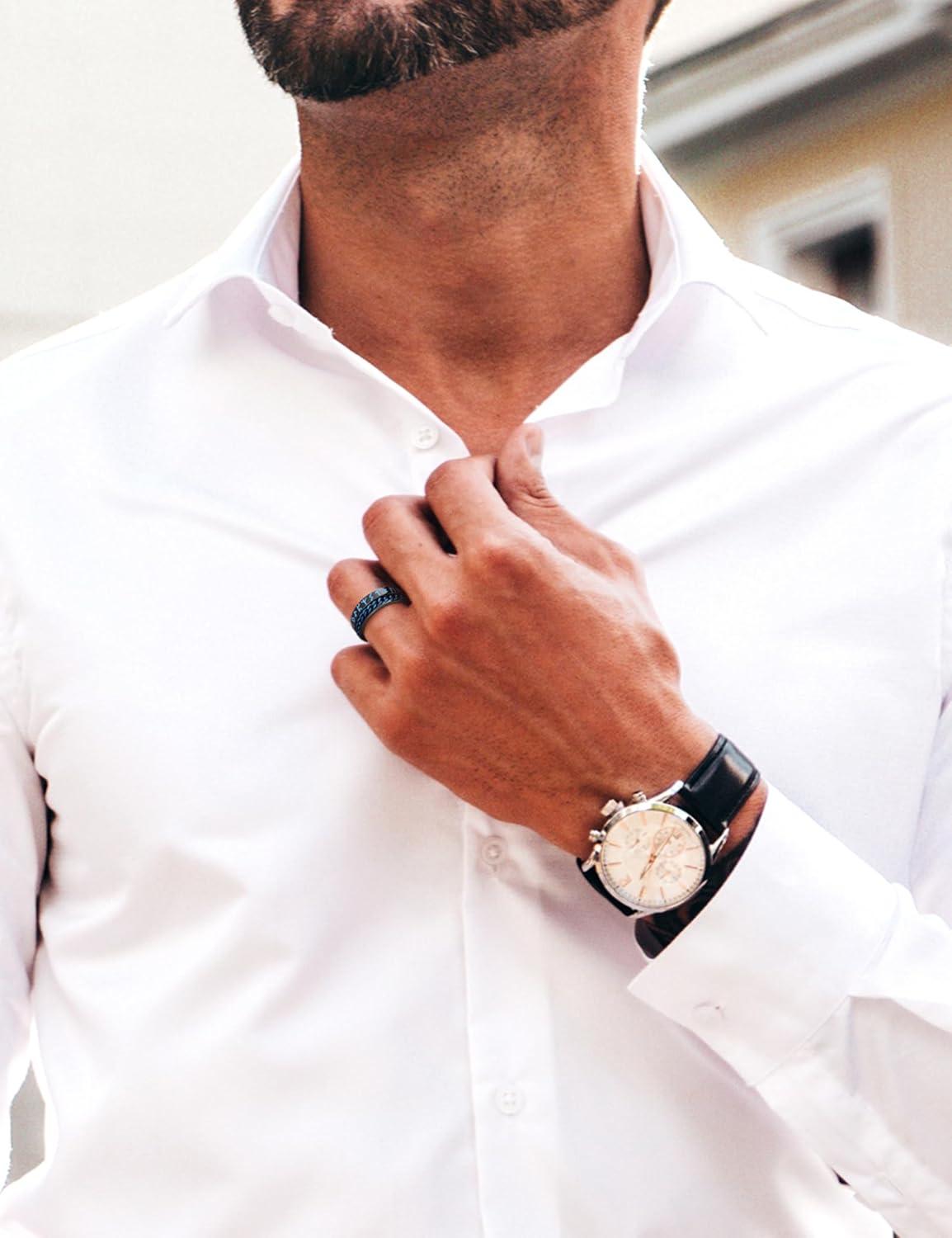 imageKing Will 8mm Black Spinner Stainless Steel Ring Fidget Anxiety Ring for Men with Greek KeyViking PatternRoman NumeralsHammered DesignChainBlackBlue