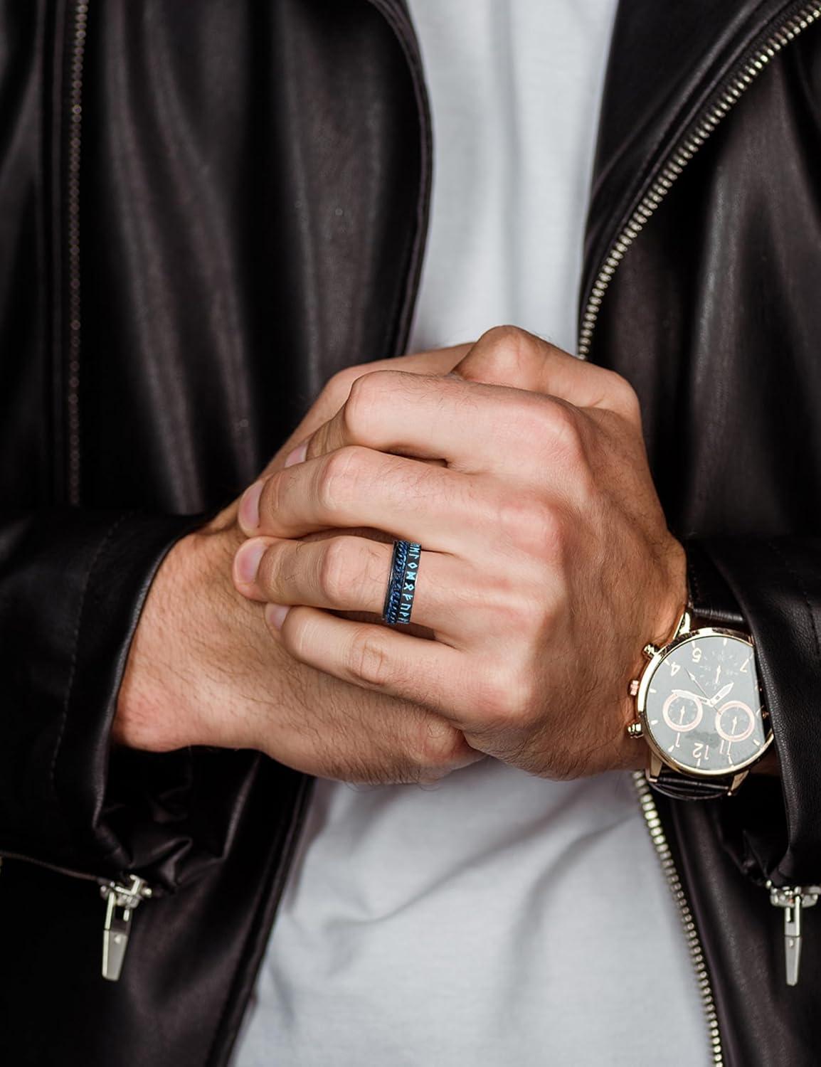 imageKing Will 8mm Black Spinner Stainless Steel Ring Fidget Anxiety Ring for Men with Greek KeyViking PatternRoman NumeralsHammered DesignChainBlackBlue