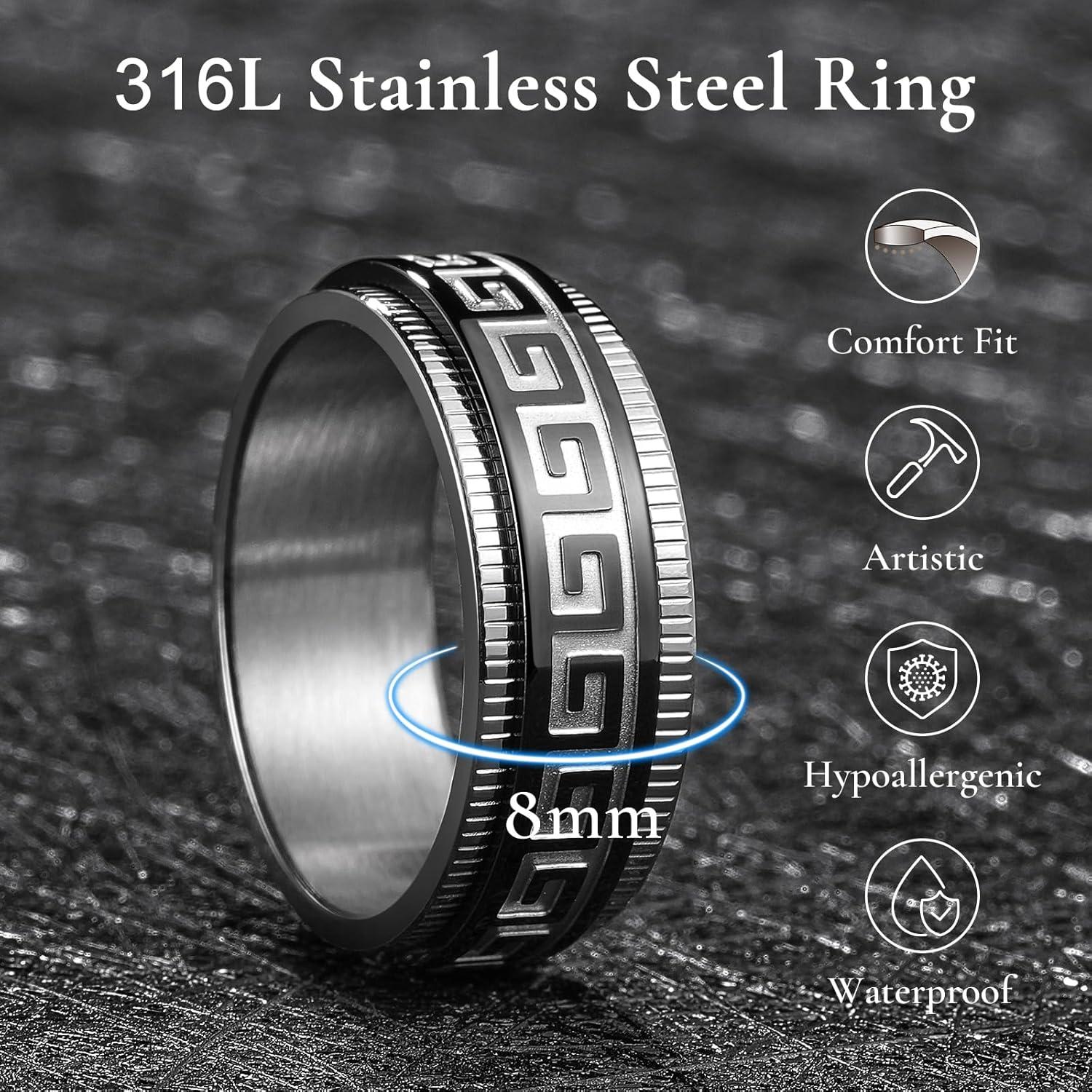 imageKing Will 8mm Black Spinner Stainless Steel Ring Fidget Anxiety Ring for Men with Greek KeyViking PatternRoman NumeralsHammered DesignSliverBlack