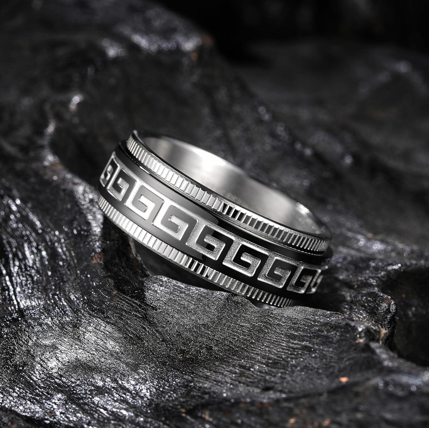 imageKing Will 8mm Black Spinner Stainless Steel Ring Fidget Anxiety Ring for Men with Greek KeyViking PatternRoman NumeralsHammered DesignSliverBlack