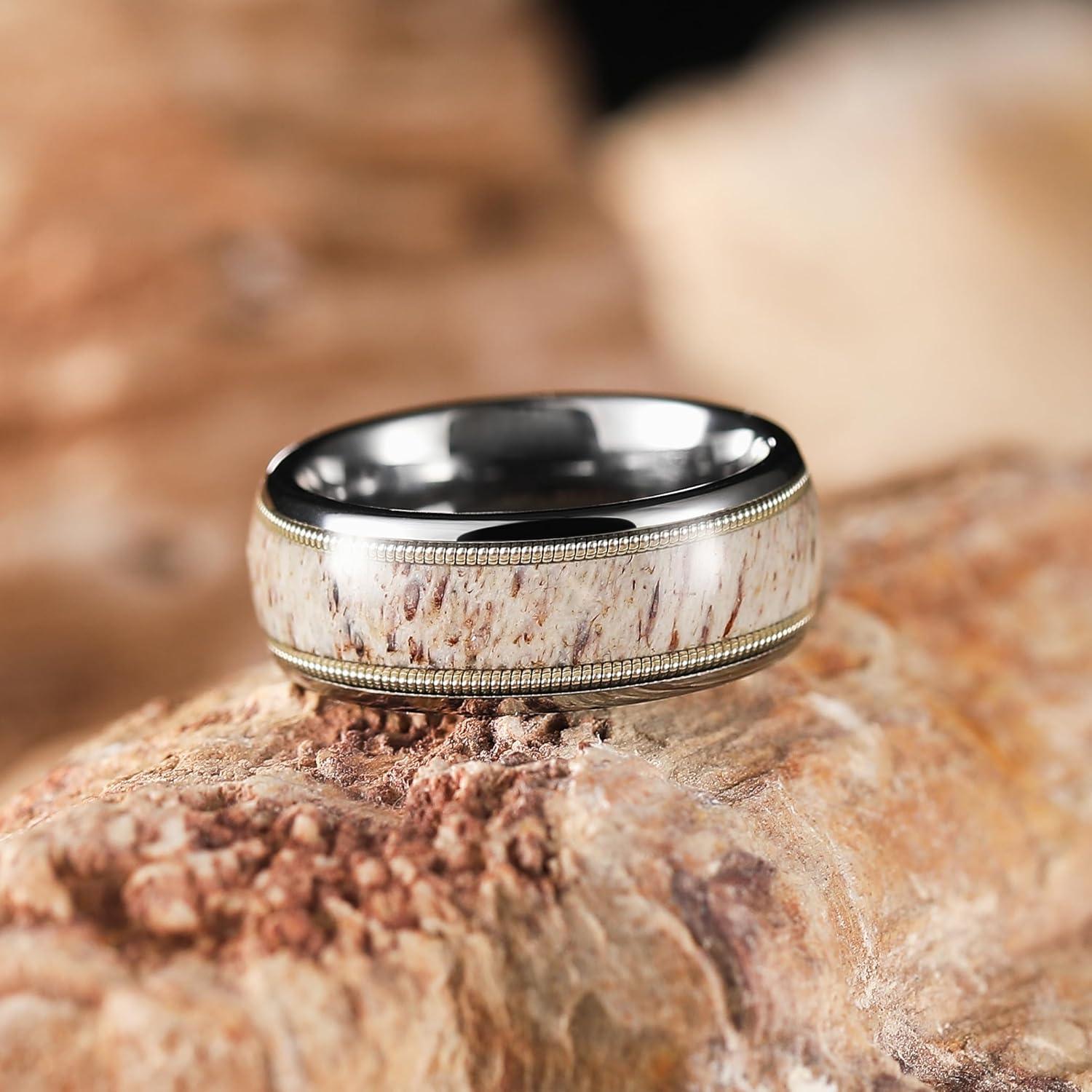 imageKing Will 8mm Black Titanium Ring Sapele Wood Antlers Inlay Wedding Ring High Polished for Women Men Comfort FitGunmetalWhite