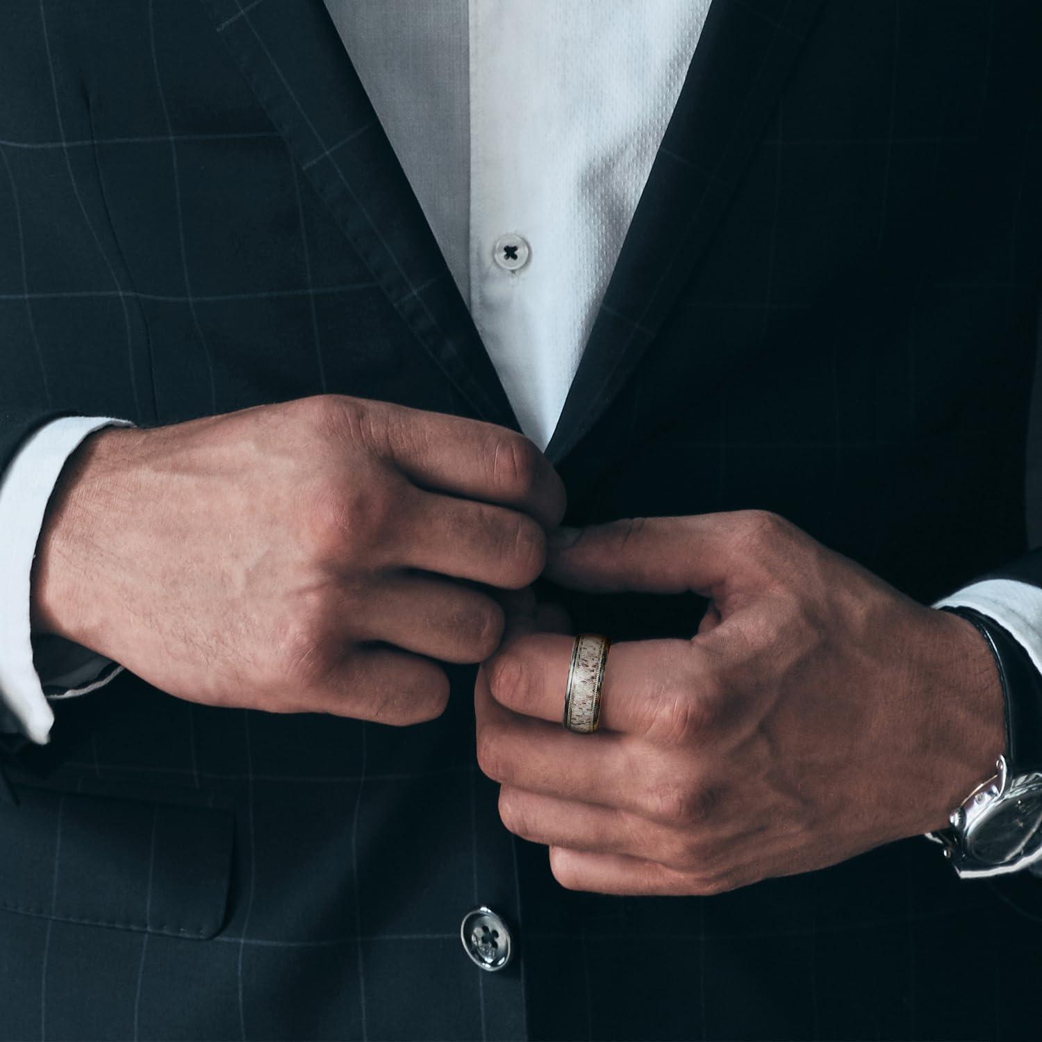 imageKing Will 8mm Black Titanium Ring Sapele Wood Antlers Inlay Wedding Ring High Polished for Women Men Comfort FitGunmetalWhite