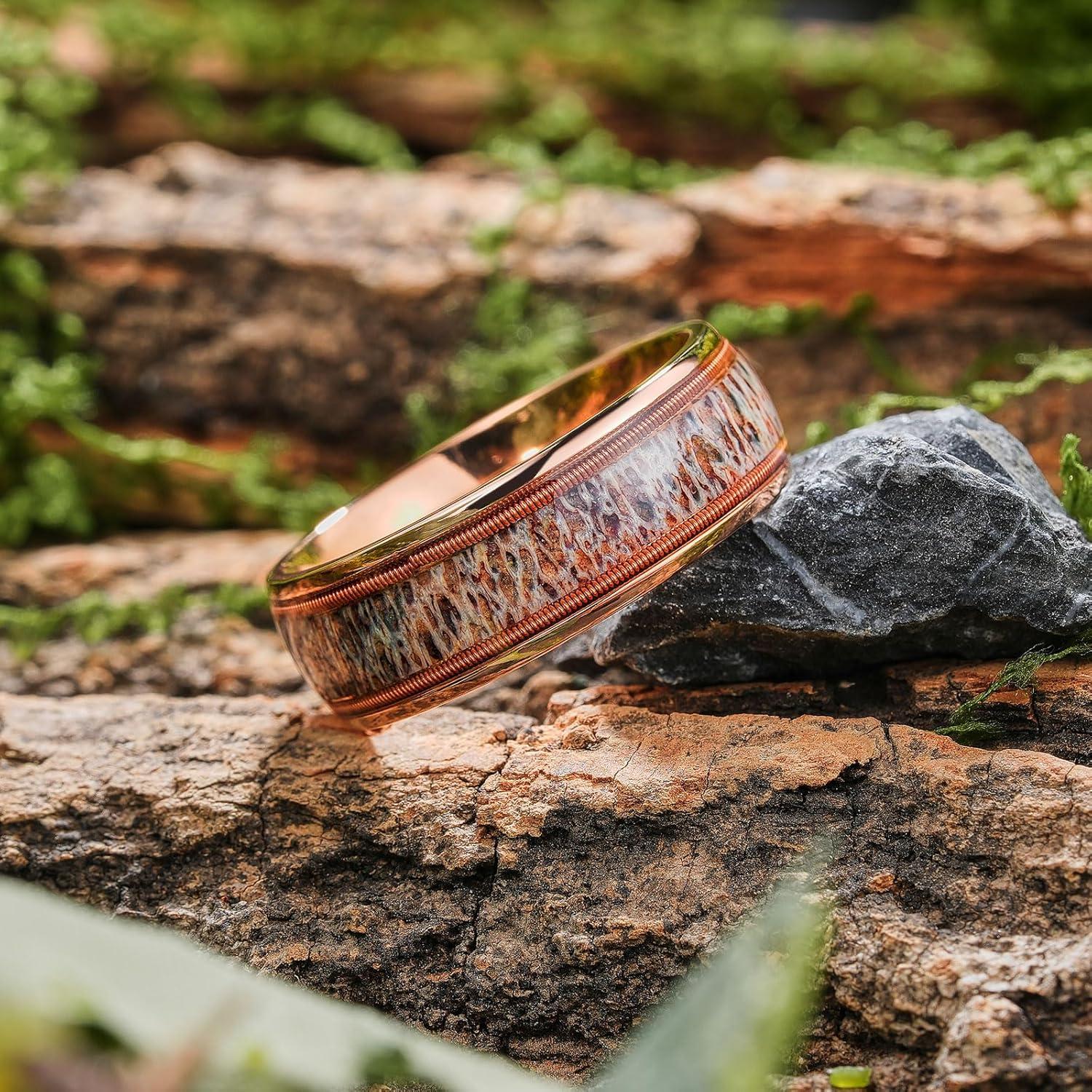 imageKing Will 8mm Black Titanium Ring Sapele Wood Antlers Inlay Wedding Ring High Polished for Women Men Comfort FitRose GoldB