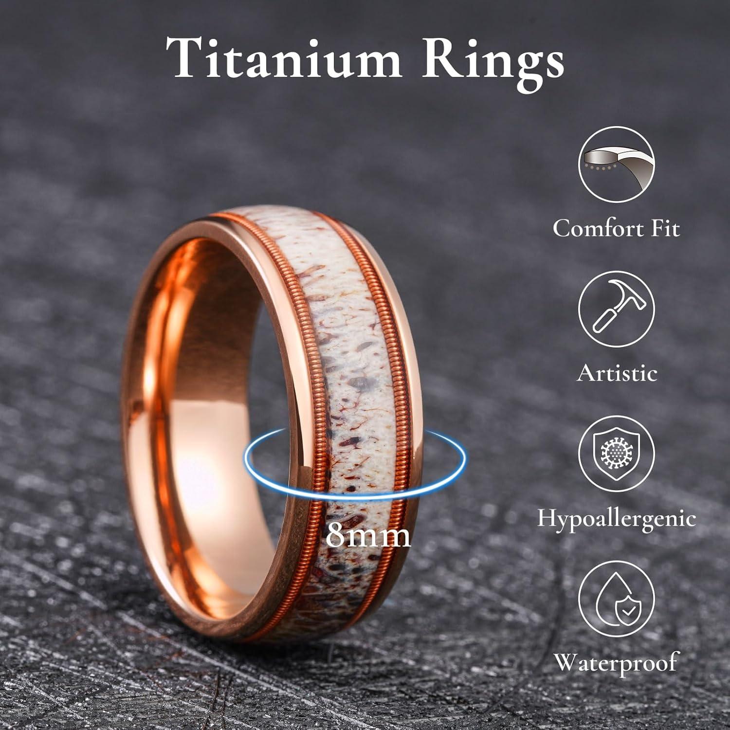 imageKing Will 8mm Black Titanium Ring Sapele Wood Antlers Inlay Wedding Ring High Polished for Women Men Comfort FitRose GoldB