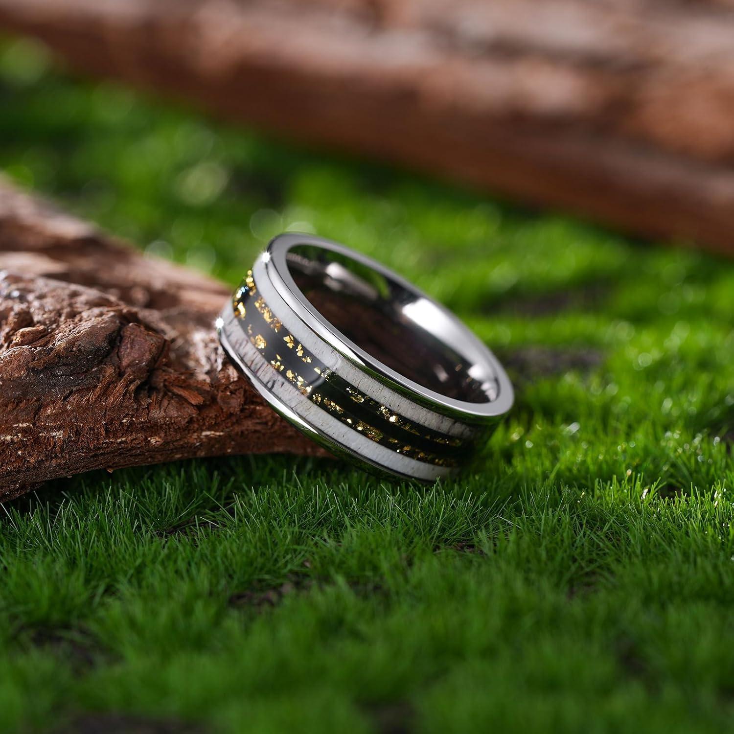 imageKing Will 8mm Black Titanium Ring Sapele Wood Antlers Inlay Wedding Ring High Polished for Women Men Comfort FitSliverBlack