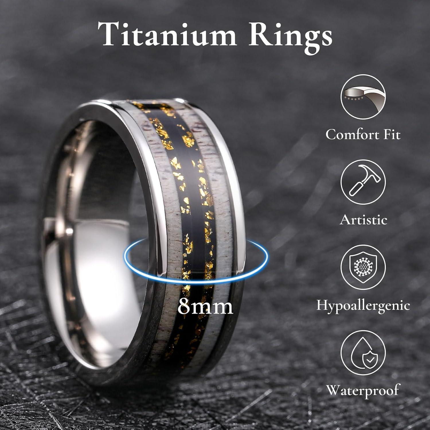 imageKing Will 8mm Black Titanium Ring Sapele Wood Antlers Inlay Wedding Ring High Polished for Women Men Comfort FitSliverBlack