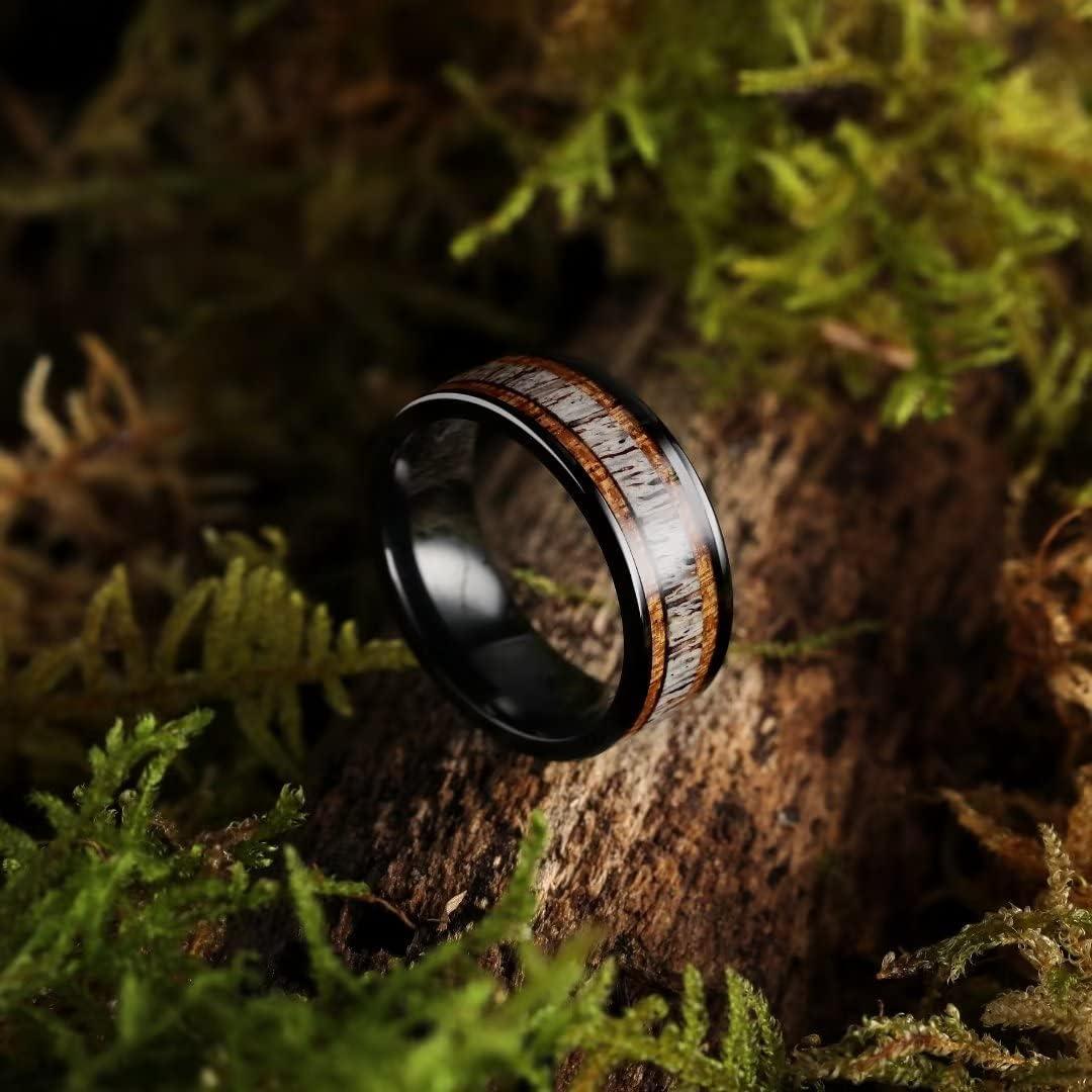 imageKing Will 8mm Black Titanium Ring Sapele Wood Antlers Inlay Wedding Ring High Polished for Women Men Comfort Fitblack