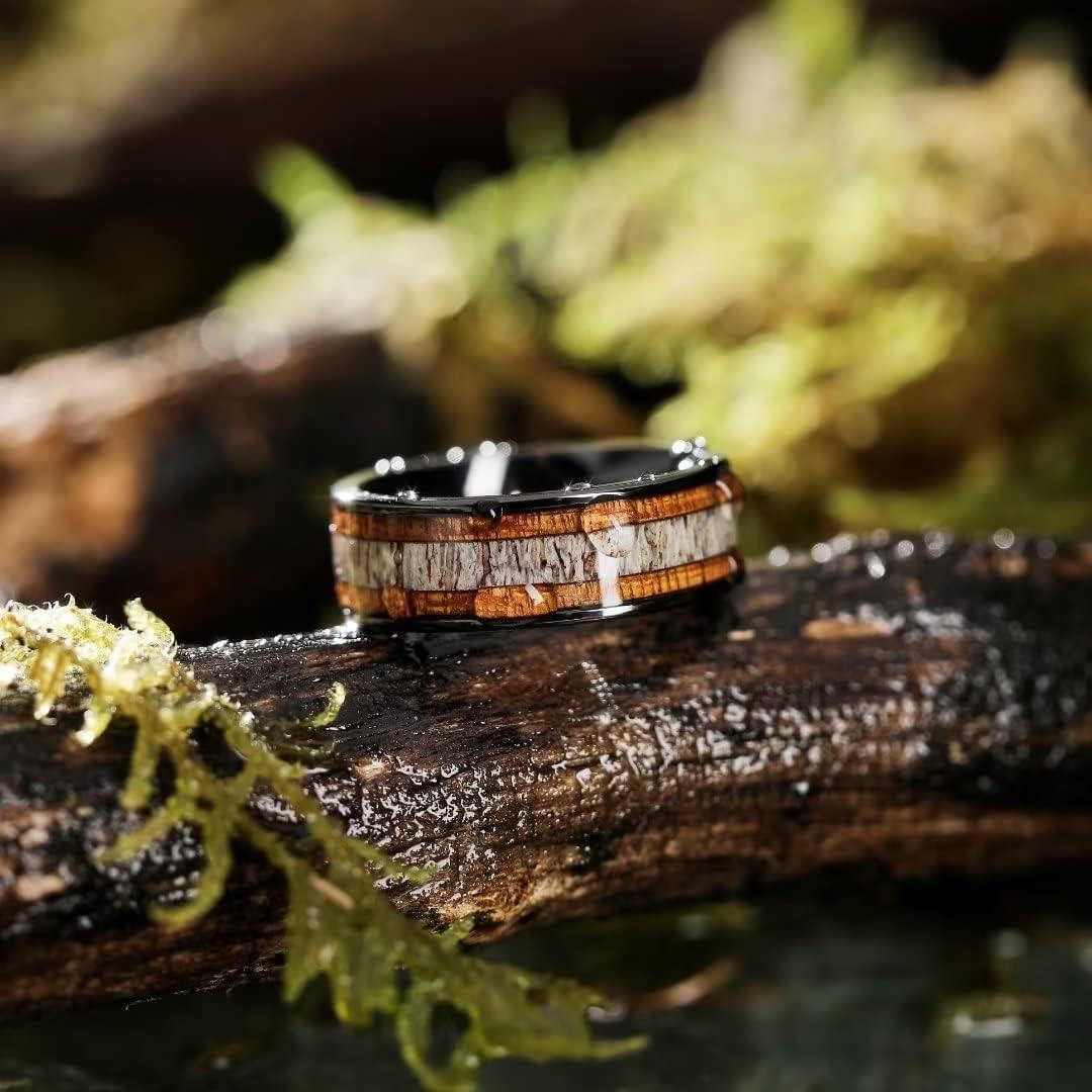 imageKing Will 8mm Black Titanium Ring Sapele Wood Antlers Inlay Wedding Ring High Polished for Women Men Comfort Fitblack