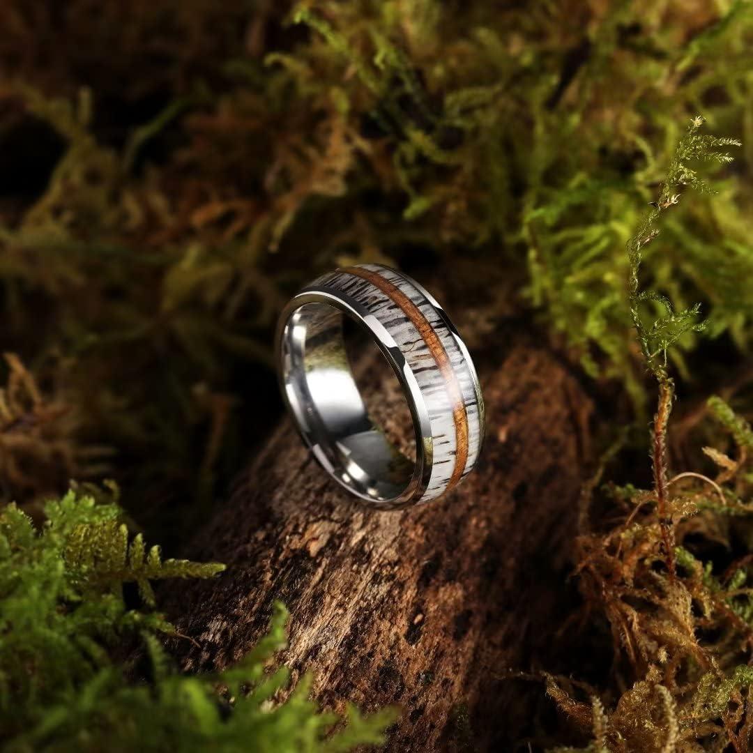 imageKing Will 8mm Black Titanium Ring Sapele Wood Antlers Inlay Wedding Ring High Polished for Women Men Comfort Fitsilver